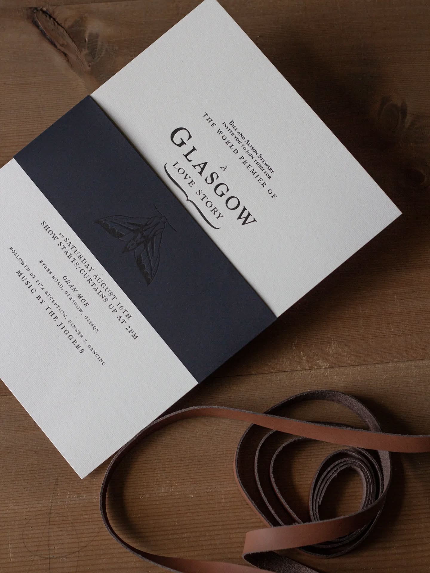 ~ A Glasgow Love Story ~
Letterpress printed on Gmund Bio Cycle compostable Stock with complimentary Plike band.
Stylish and Elegant with a touch of the Theatrical 🎭
Invitation Suite, custom designed and printed in our Highland Perthshire Printshop on our vintage printing presses.
#letterpress
#letterpressinvitation
#weddinginvitation #letterpressstationery #glasgowwedding #weddingstationery #gmundbiocycle #madeinscotland #scottishwedding #theatreinvite #gfsmith #plikepaper #gmundpaper