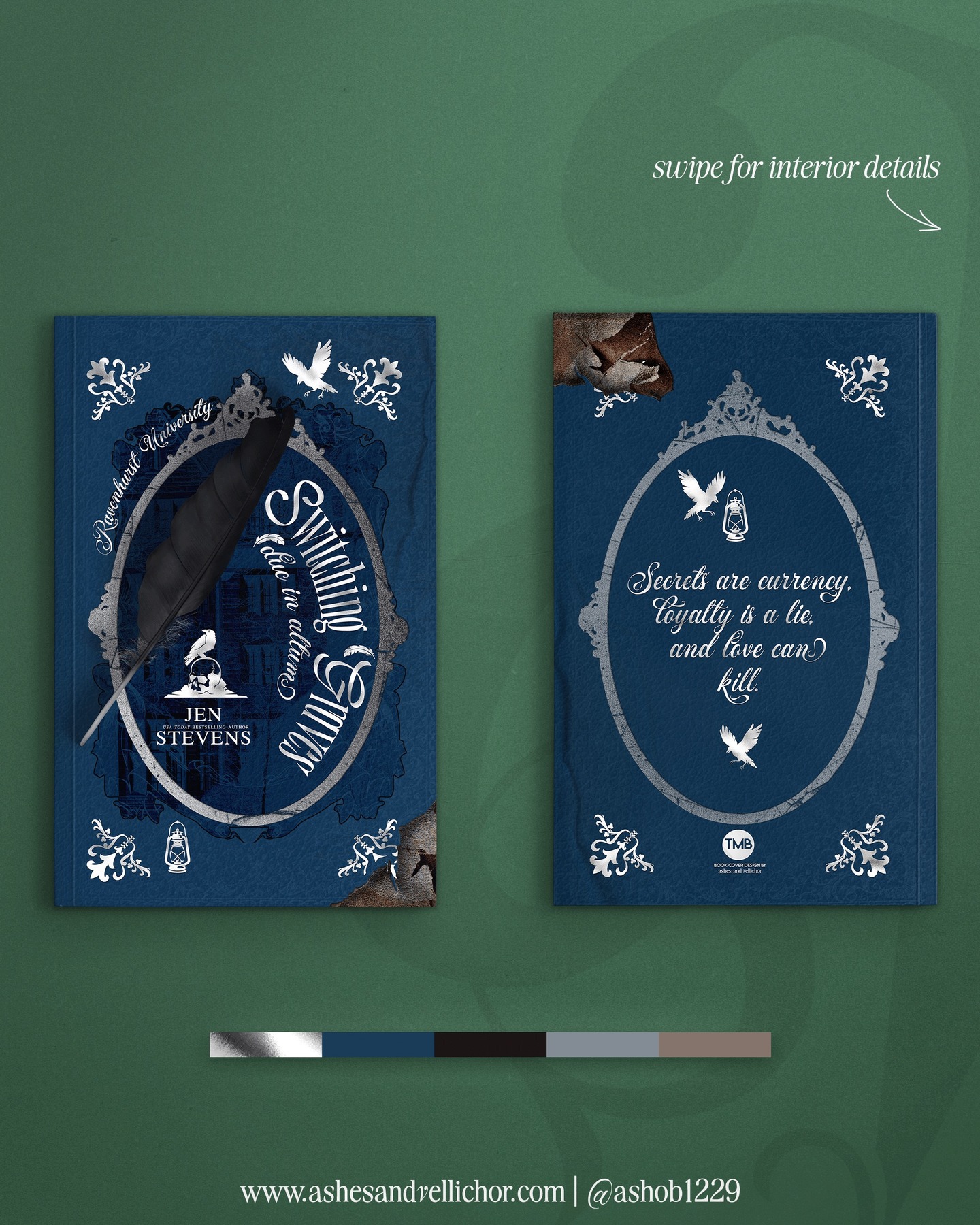 Super,Super! excited to share these gothic library inspired designs for this month's @the.midnight.bookshelf featuring @authorjenstevens and her Gothic Academia Duet! This is Book 1, Switching Graves and can we take a moment for that spine detail? Dark Academia books are my favorite genre to read and I love creating cover designs within this realm. Something about the moody atmosphere and elements really call to me. I can’t wait to see this fully foiled and printed as they feature so many elements in the bright metallic silver.
Book 2 Cover Reveal Coming Soon
#Ashesandvellichor #ashesandvellichordesigns #bookcoverdesigns #freelancer #freelancecoverdesign #photoshop #graphicdesign #graphicdesigner #bookdesigner #freelancecoverdesign #Typographydesign #romancebookcovers #romanceauthors #freelancegraphicdesign #gothicacademia