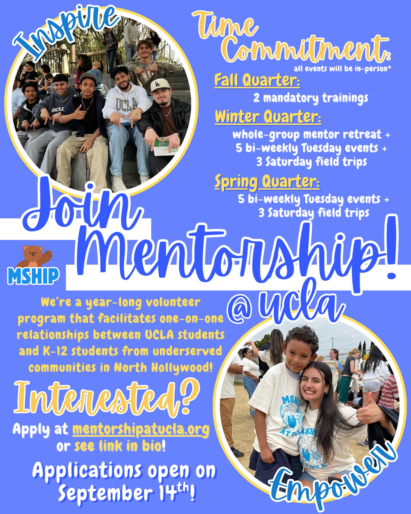HEY MSHIP!! Here’s a quick refresher of what we do and the required time commitments! Get excited because TOMORROW mentor applications will be open :)
