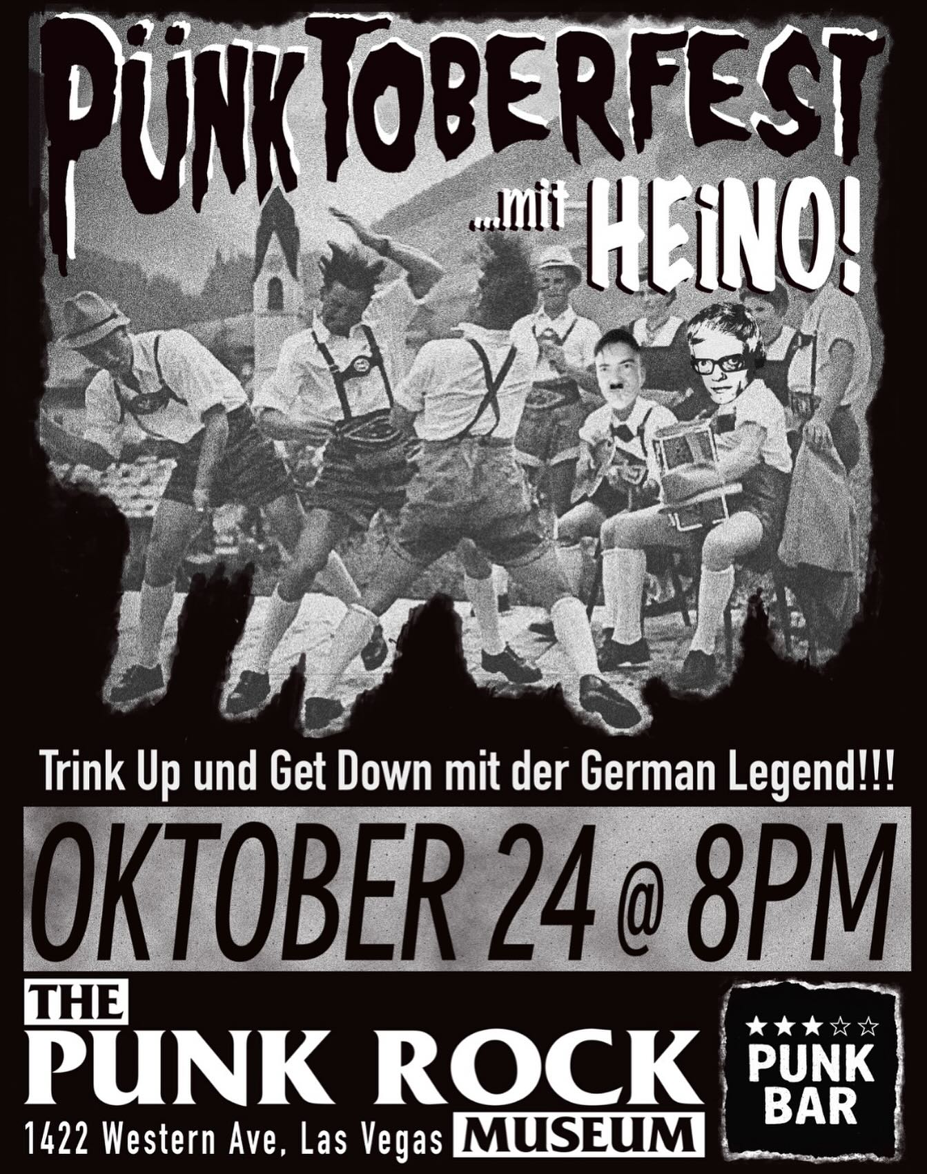 On Friday, October 24th at 8 pm make sure to dust off your steins and sharpen your sense of humor as Old Weird Eyes is back at The Punk Rock Museum for one night only of bizarre brilliance, bratwurst beats, and bizarre Germanic glee at Pünktoberfest with Heino!
Hosted in the Three Star Punk Bar, this unhinged celebration of offbeat punk tradition and uncomfortable laughter features a free performance that’s part cabaret, part cultural confusion, and punk as hell. The absurdity begins when doors open at 8 PM, and is a FREE admission event (21+).
Expect songs you didn’t know you knew, a few you wish you didn’t, and plenty of “schlapp und pickle” to go around. With Heino looming like a blonde, Teutonic specter over the evening’s festivities, and Old Weird Eyes channeling the spirit of a thousand misunderstood karaoke nights, this is one Oktoberfest you’ll never forget—and possibly never fully understand.
Break out the lederhosen, bring your worst German accent, and prepare for a night of unsettling joy at Pünktoberfest—because nothing says punk like polka, parody, and postmodern performance art gone wonderfully wrong.