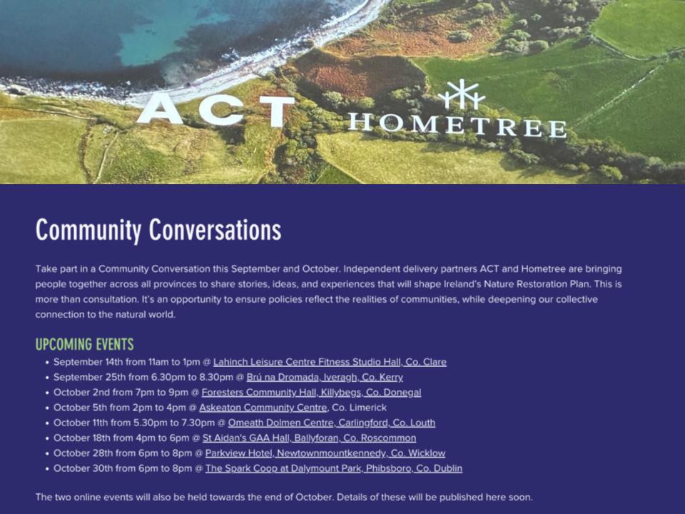 Coastwatchers, Nika Scheepers, Jane Kelleher and Mary Hachey had the opportunity to participate in the kick off of the Community Conversations in Lahinch!
We wanted to share the dates for future events so that Coastwatchers, and all others interested in shaping the EU Nature Restoration Law can attend!
More info here: https://www.restorenature.ie/get-involved