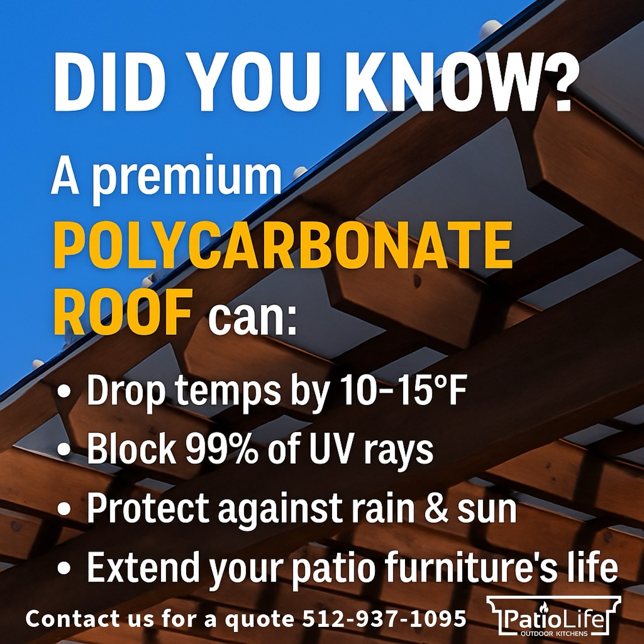 …AND keep your natural light! This sleek polycarbonate roof doesn’t just look amazing, it transforms your outdoor space:
• Lowers temps by 10–15 degrees ☀️⬇️
• Blocks harmful UV rays (goodbye fading cushions) 🛋
• Keeps the rain out, light in 🌧➡️☀️
• Makes your patio usable year-round
DM us to upgrade your patio the smart way.
#PatioLife #SmartShade #RoundRockTX #AustinTX