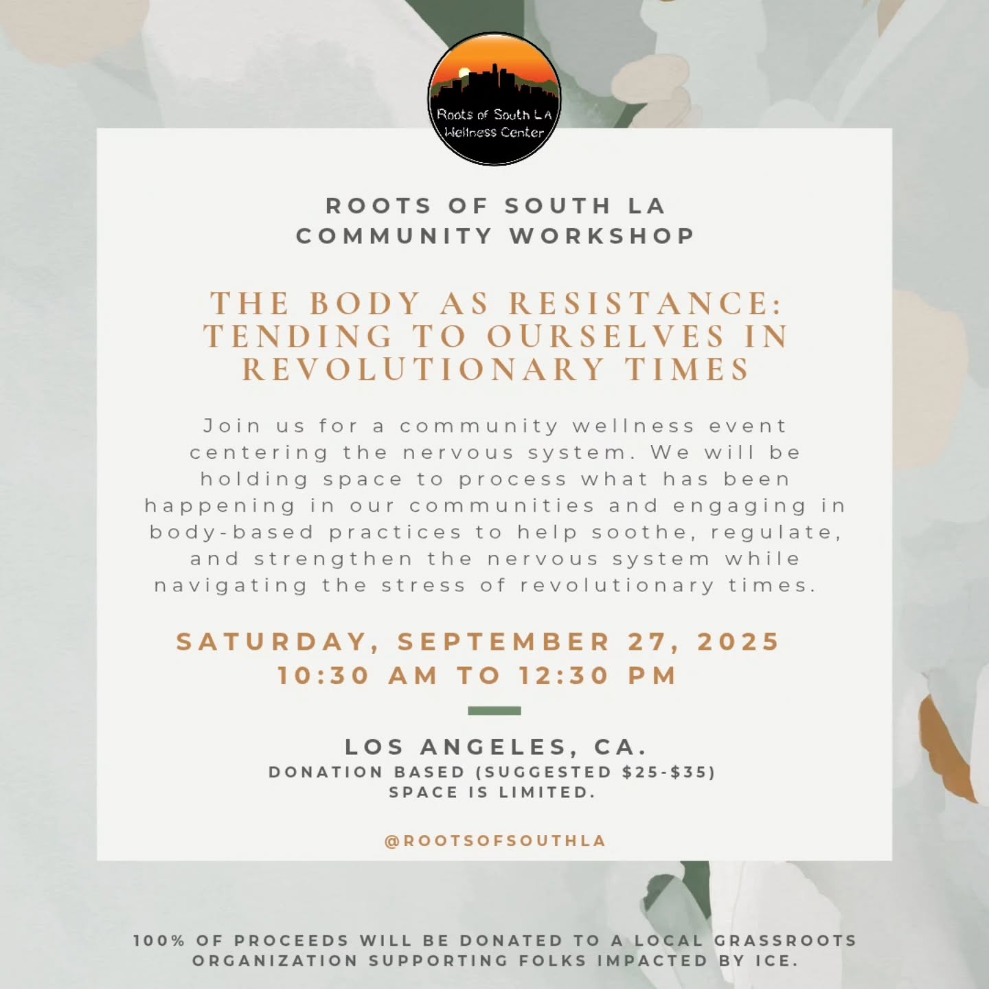 Join us for an in-person community wellness event centering the nervous system on Saturday, September 27, 2025 at 10:30 am.
We will be holding space to process what has been happening in our communities and engaging in body-based practices to help soothe, regulate, and strengthen the nervous system while navigating the stress of revolutionary times.
📍Jefferson Park, South LA*
🎟 Sliding scale donation ($25-$35)**
🧘🏽♀️ Space is very limited! Please DM for ticket link.
* The exact location will be provided to registrants.
**(100% of proceeds will be donated to a local grassroots organization supporting folks impacted by ICE.)
**Please note that space is located on the second floor & no elevators are available.