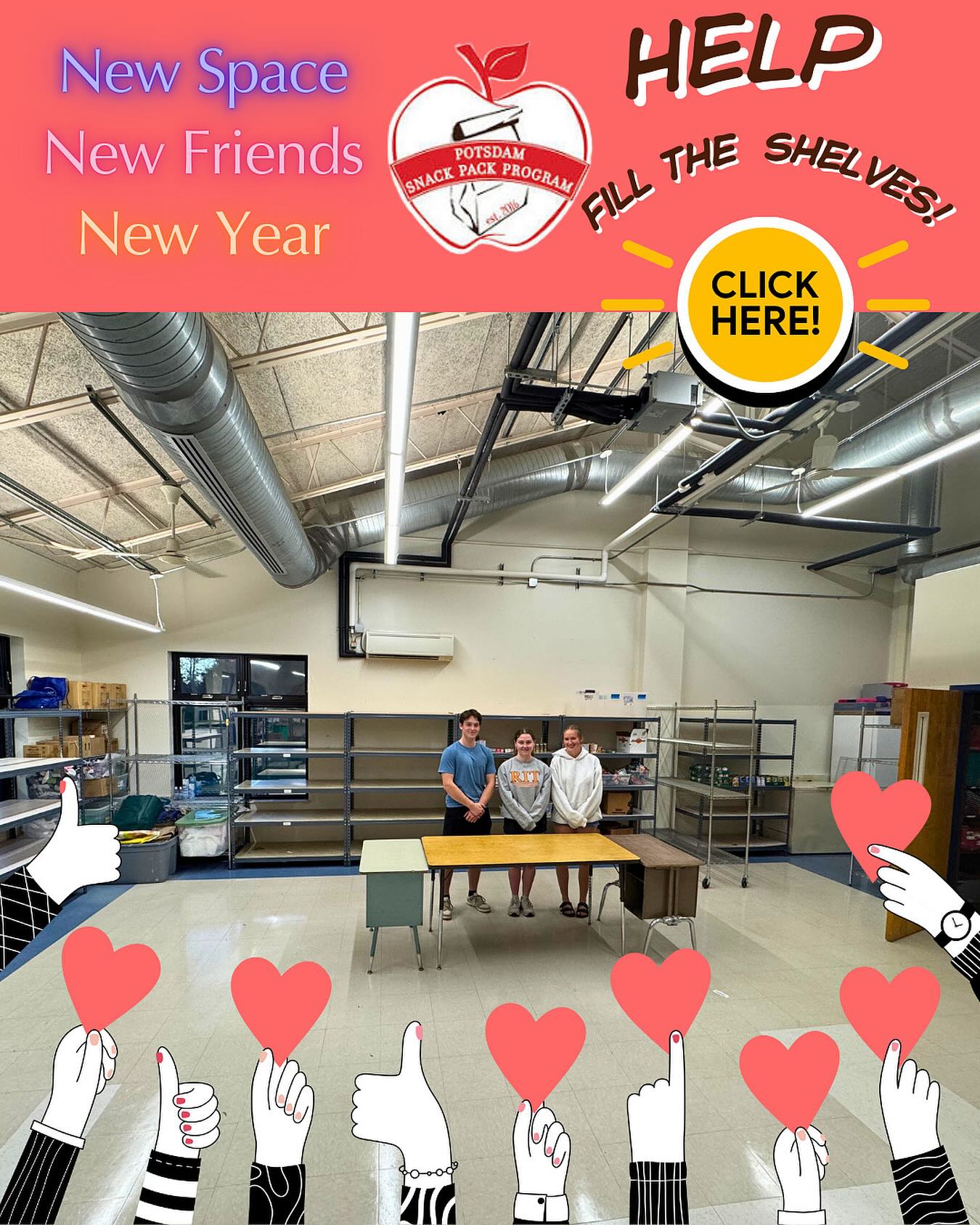 ✨ New Space, New Friends, New Year! ✨
We’re so excited to kick off the school year in our brand new Snack Pack space, but now we need YOUR help to fill the shelves! 🥫🍎
A huge thank you to Fiona, Max, and Ava from the @clarksonuniv Honors Program for jumping in and helping us get organized….they’ll be with us all semester! 💪💛 Their energy and enthusiasm are exactly what makes this program thrive.
👉 Click the link to support the Potsdam Snack Pack Program and help us fight childhood hunger in our community. Every little bit counts! 💖
#PotsdamSnackPack #FillTheShelves #ClarksonHonors #CommunityStrong