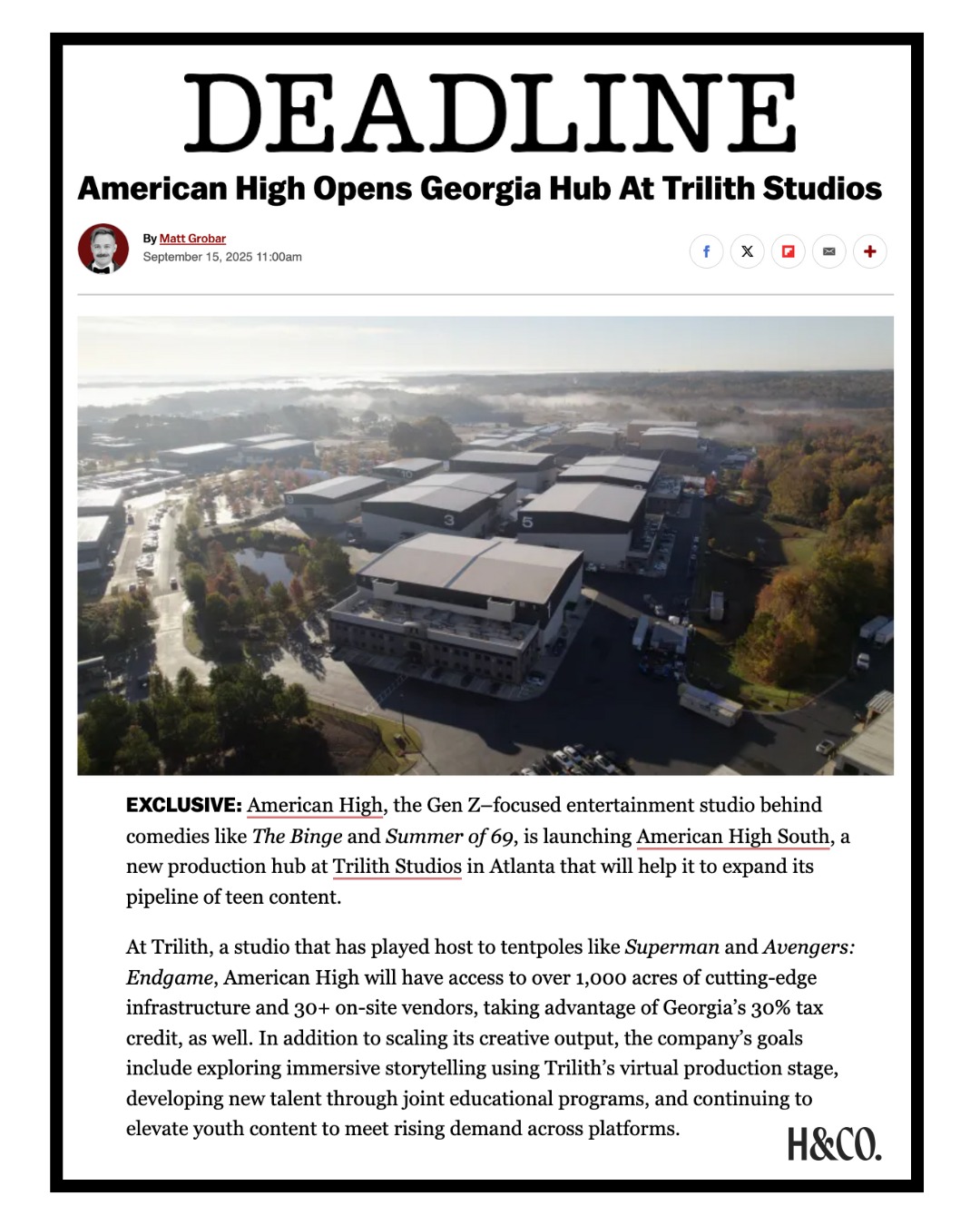 Big news! @AmericanHigh is expanding to Atlanta, Georgia, opening a brand-new hub at Trilith Studios! 🎬 ✨The new 1,000+ acre expansion will serve as the perfect set for American High as they continue to grow, exploring new avenues of Gen Z storytelling. Thank you @deadline for working with us on this fabulous exclusive, and keep an eye out for exciting things coming out of the new location!