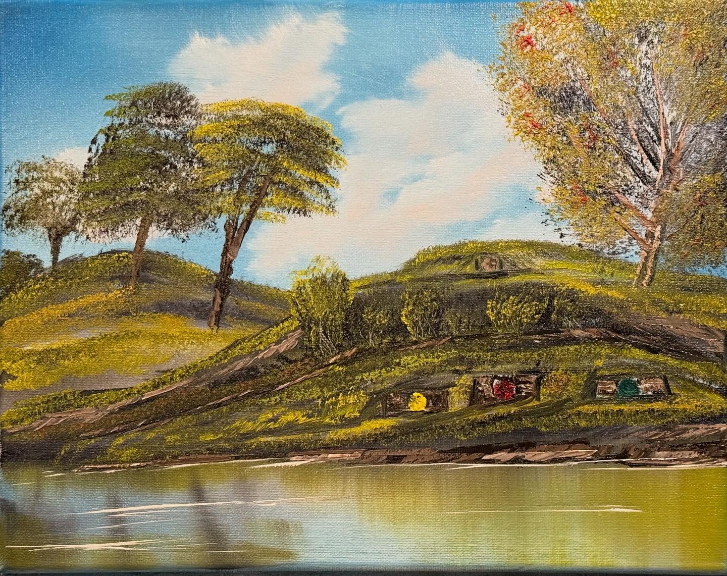 My first attempt at anything middle earth. Let me know what you think! #lotr #theshire #bobross #landscape #oilpaint #hobbits