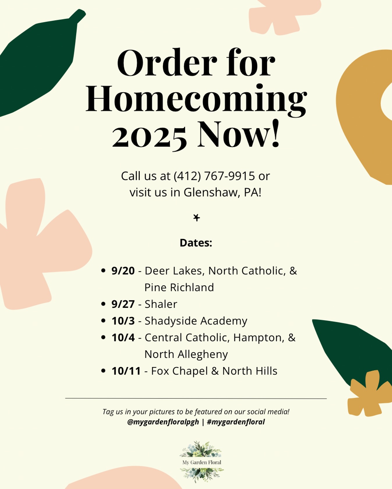 Itโs that time of year again!! School is back & Homecoming season is here!! ๐ธ๐
Place your orders now by calling us at (412) 767-9915 or visiting our florist shop in Glenshaw, PA!!
Please tag us in your pictures to share on our social media! โจ Happy Homecoming from the MGF Team!! ๐๐ค
#mygardenfloral #florist #pittsburghflorist #pittsburgh #foxchapel #glenshawpa #events #homecoming #floral #corsage #boutonniere #bouquet #fall #fall2025
