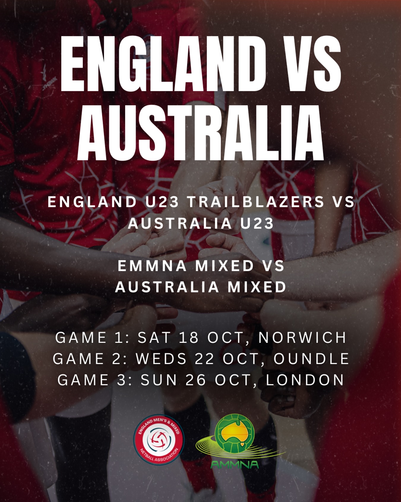 Home test series incoming 💪
3️⃣ Days
6️⃣ Games
1️⃣ Unforgettable series
This October we welcome @australianmensnetball for a groundbreaking, history-making double series
🏴🇦🇺 England U23 Trailblazers vs Australia U23
🏴🇦🇺 EMMNA Mixed vs Australia Mixed
Test 1: UEA Sports Centre, Norwich
Test 2: Oundle School, Oundle
Test 3: Score Leisure Centre, London
Tickets for game 1 in Norwich are on sale now! Head to the link in our bio to grab yours 🎟️
#Netball #mensnetball #trailblazers #mixednetball