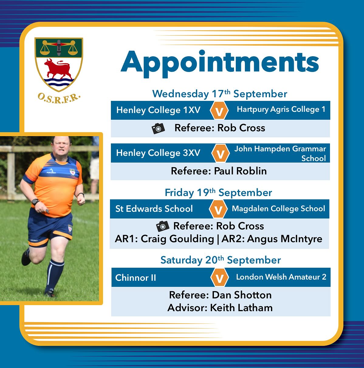 Hey folks - this week’s appointments are mostly done with all games allocated for Saturday and just a few to be confirmed for Sunday, so we will follow up with those later in the week.
After a great start to our season sending and receiving referees on exchange with @leicsrefs last week, everyone is back in Oxfordshire with one #Teamof3 outing for @robbocross @gouldyer and @angusramci doing a #FridayNightLights game (while some of us will be tuning in to watch the @rugbyworldcup SF1).
@henleycollegerugby @stedwardsoxford @chinnorrfcthame @londonwelshrfc @bloxhamschoolsport @abingdon_rugby @mcsoxford @abingdonrufc @wearesilverbacks @bicesterrufc @wallingfordrfc @harwellrufc @cheltsarriesrfc
@littlemore_rugby_club and v @gosfordallblacks III has been appointed as well and will be on the update later in the week.
#bepartoftheteam🌹 #keepyourbootson #seeitbeitrefit🌹 #rugbyrefereelife