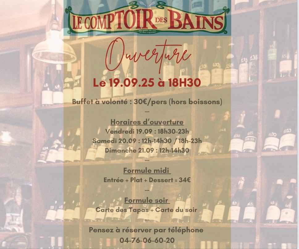 Un nouveau lieu simple, sincère et animé dédié aux bons moments : bienvenue au Comptoir des Bains, notre nouvelle table de partage !
Ce vendredi 19 septembre, l’Hôtel des Bains s’évade et donne vie à son petit frère : « Le Comptoir des Bains » ✨ situé à seulement quelques numéros, au 📍 300 rue Principale 38850 Charavines.
Venez célébrer son ouverture autour de bons tapas et venez goûter à une cuisine bistrot savoureuse inspirée de l’Hôtel des Bains, où convivialité, partage et bon vin se mettent à l’honneur.
🗓 Le Comptoir des Bains ouvre ses portes les week-ends du 19 et 26 septembre(ouverture les vendredi, samedi et dimanche / fermeture en semaine).
🍽 Formule du midi : choix entre 3 entrées, 3 plats, 3 desserts (presque) comme à la maison.
🌙 Formule du soir : l’ambiance se transforme en bar à vin + carte de tapas pour des soirées sans chichis, chaleureuses et gourmandes.
📞 Pour réserver : appelez L’Hôtel des Bains au 04 76 06 60 20
On vous attend nombreuses et nombreux pour trinquer, pour dîner, pour vivre un moment complice. Le Comptoir des Bains, c’est notre nouveau chez‐nous et le vôtre !