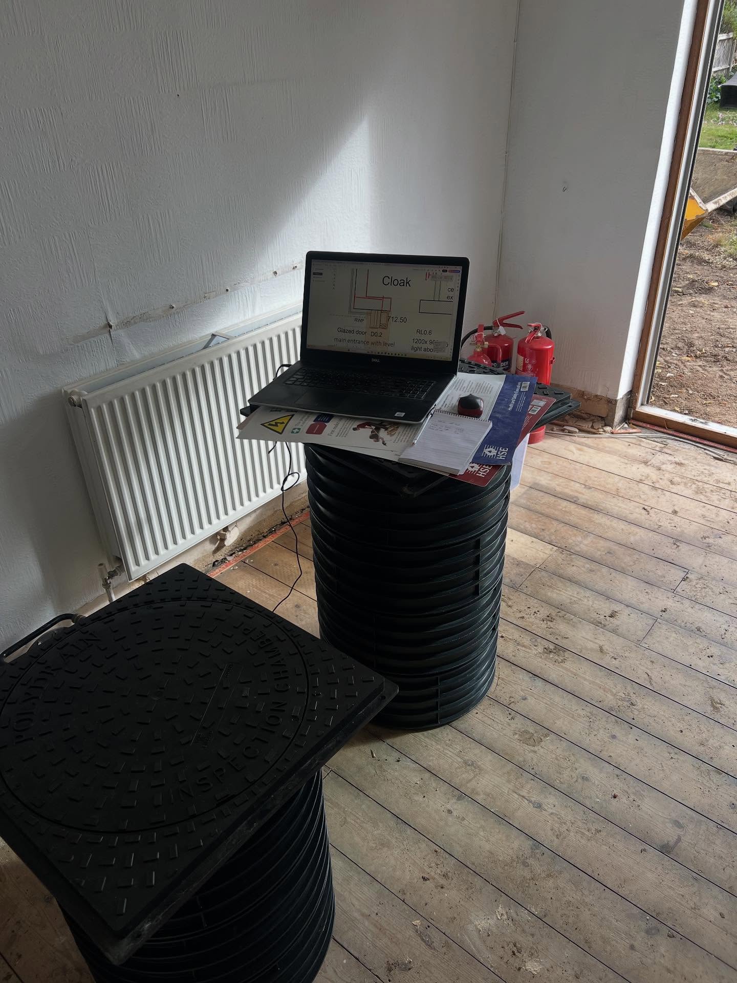 Make shift site office today. 450 risers and lid. For a seat and risers and Heath and safety board for a table. Got to do what ya got to do!