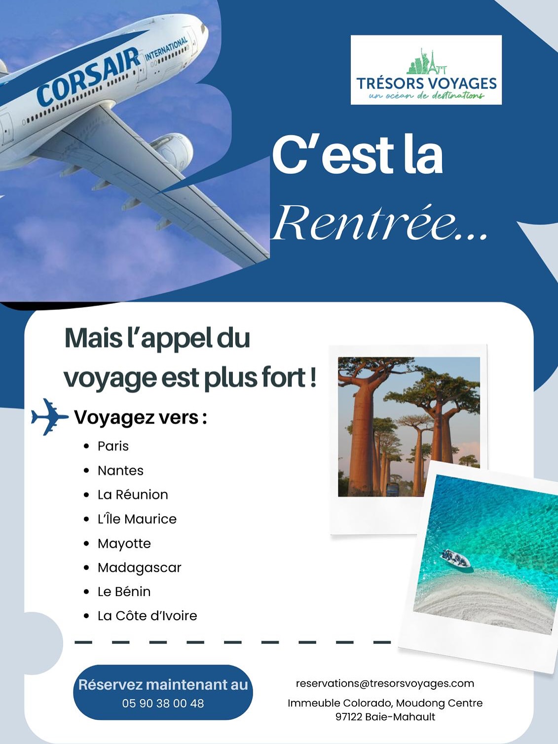 ✈️ La rentrée rime aussi avec évasion !
Profitez de nos offres spéciales de rentrée et offrez-vous une pause bien méritée, même si les vacances sont terminées. 🌍✨
📌 Voyages à prix doux, souvenirs garantis.