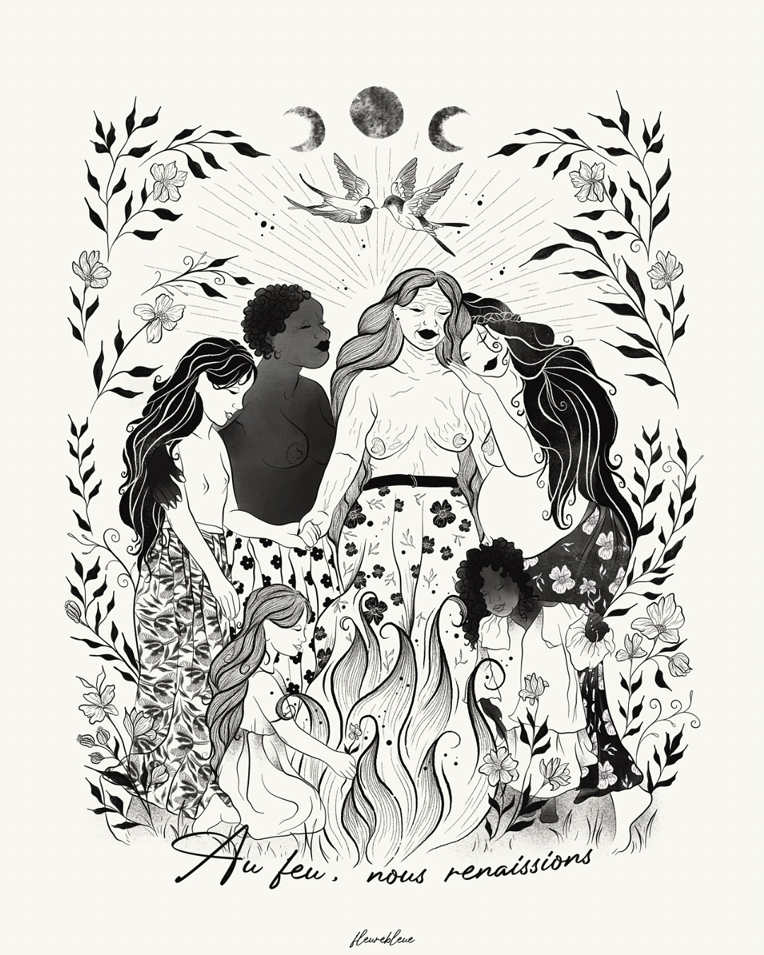 Et si on parlait des héritages féminins que l’on porte ?
⚠️ ILLUSTRATION NON LIBRE DE DROIT - tout usage sans accord préalable est interdit -
Dans nos gestes, nos silences, nos douleurs invisibles qu’on ne comprend pas toujours… vivent parfois ce que nos mères n’ont pas su dire. Ce que nos grand-mères ont dû taire. Les deuils qu’elles ont traversés seules. Les colères qu’elles ont enfouies. La liberté qu’elles n’ont pas pu vivre.
On porte, parfois, toutes ces mémoires sans le savoir.
C’est à travers ce dessin que je leur donne un visage, un feu, une place. Avec le cœur de transformer ces transmissions invisibles.
Elle est un hommage à toutes les femmes que nous portons en nous. De la première ligne de vie, à la chevelure blanche. Dans leurs différences, des histoires entremêlées.
Main dans la main, cœur contre cœur, elles se serrent en cercle autour du feu.
Un feu ancien, celui des bûchers, des oppressions, autrefois destructeur, aujourd’hui réchauffant et devenu feu de mémoire et de lien.
Et pour toi, comment elle résonne cette illustration ?
🌙 Affiche disponible sur la boutique www.fleure-bleue.com
🍁 Lien dans la bio
#sorciere #héritage #transmission #illustrationfeministe #illustrationengagée