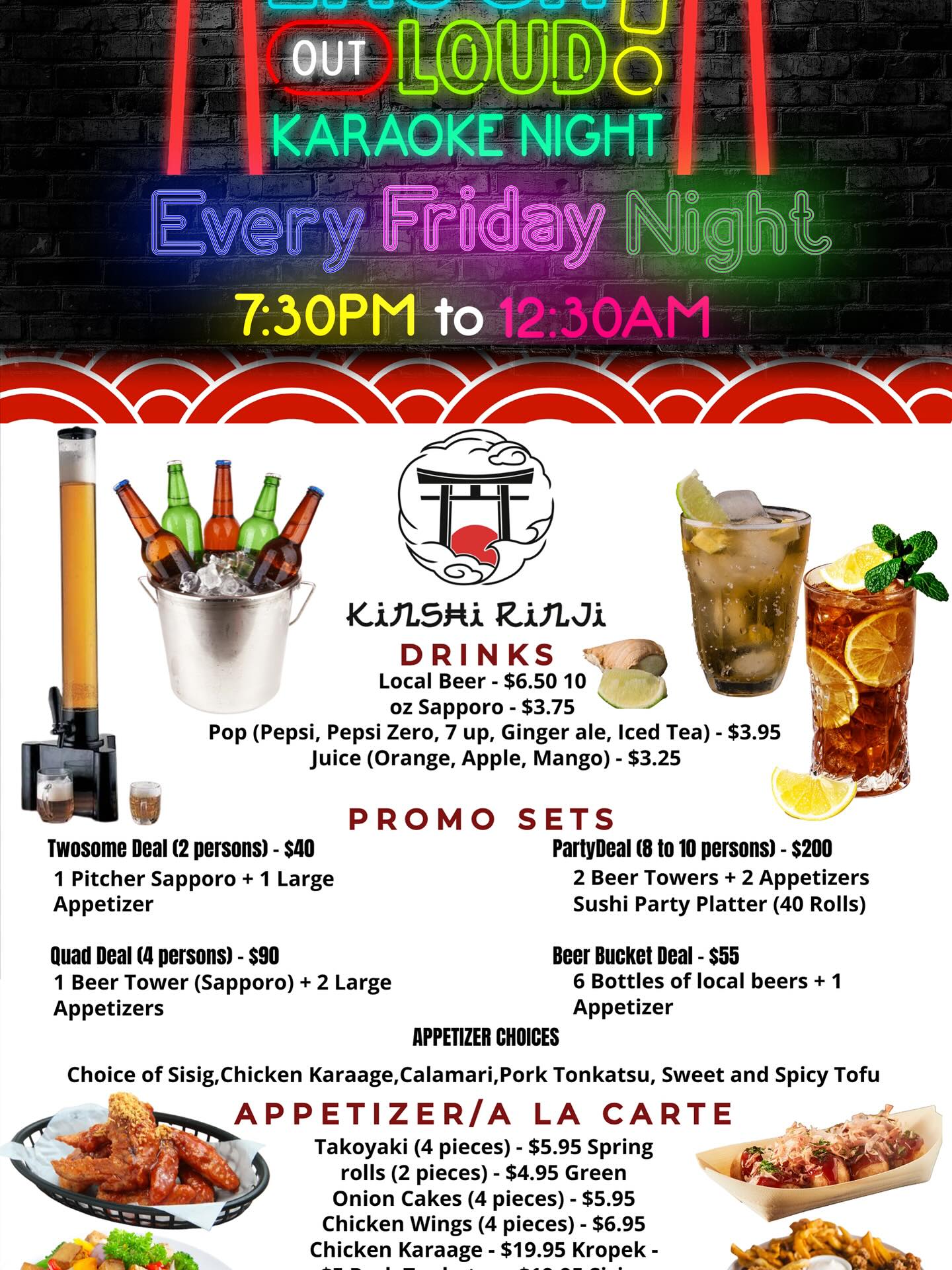 To all Karaoke Enthusiasts
LAUGH out LOUD karaoke night ( every friday)
Gather your squad and hit the mic for a night full of Karaoke,laughter and good vibes.
Unlock your talent with every performance and Turn your night into your best karaoke concert yet! See you all!
with your karaoke / comedian masters
BENJ - KITOS and KRISS DIVA
KINSHI RINJI
8109 101 St. NW Edmonton AB
Every Friday
7:00 PM - 12:00 AM
Cover charge: $5.00