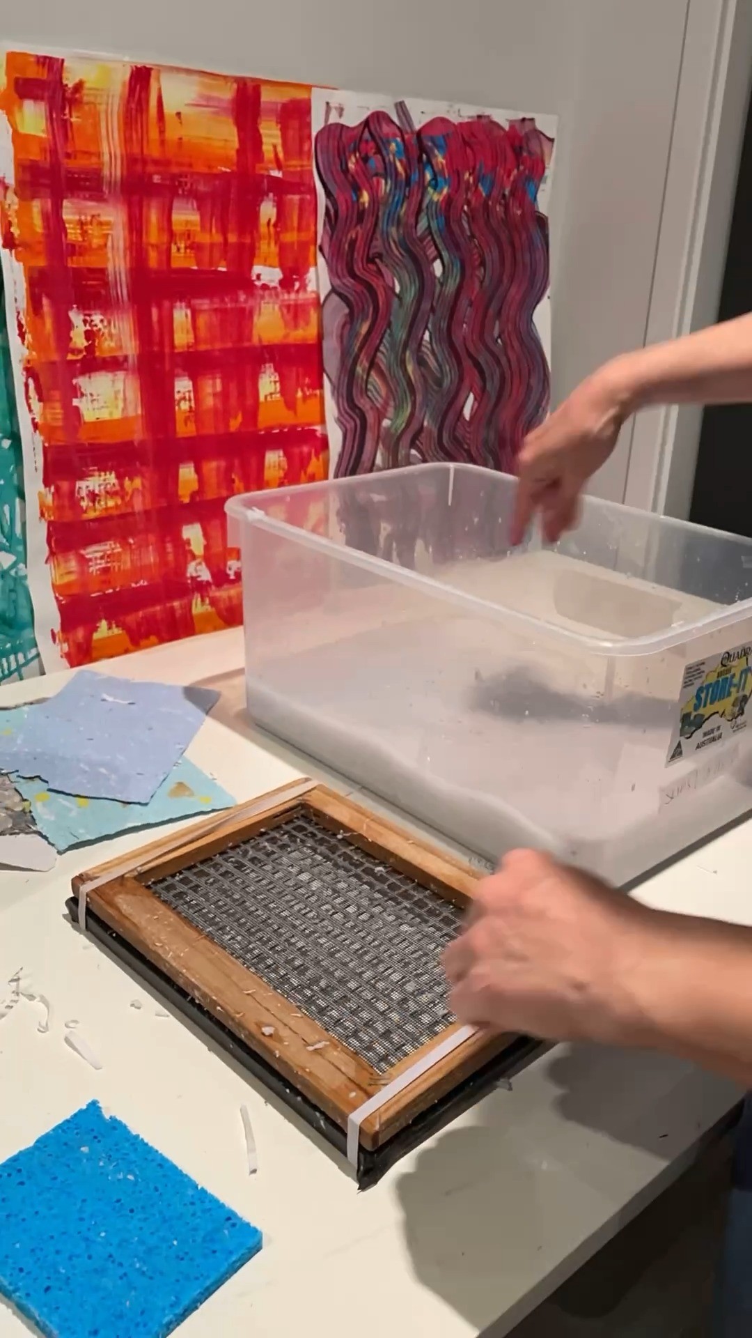 Paper making.....step 3: Dipping the Deckle!!#kiamalocalartist #creativeart #artforeveryone #kiamaartworkshops #taketimeforyourself #creativeworkshopsnsw #papercollage #recycledpaperart #getcreative #handmadepaper #collageartist #papercutouts