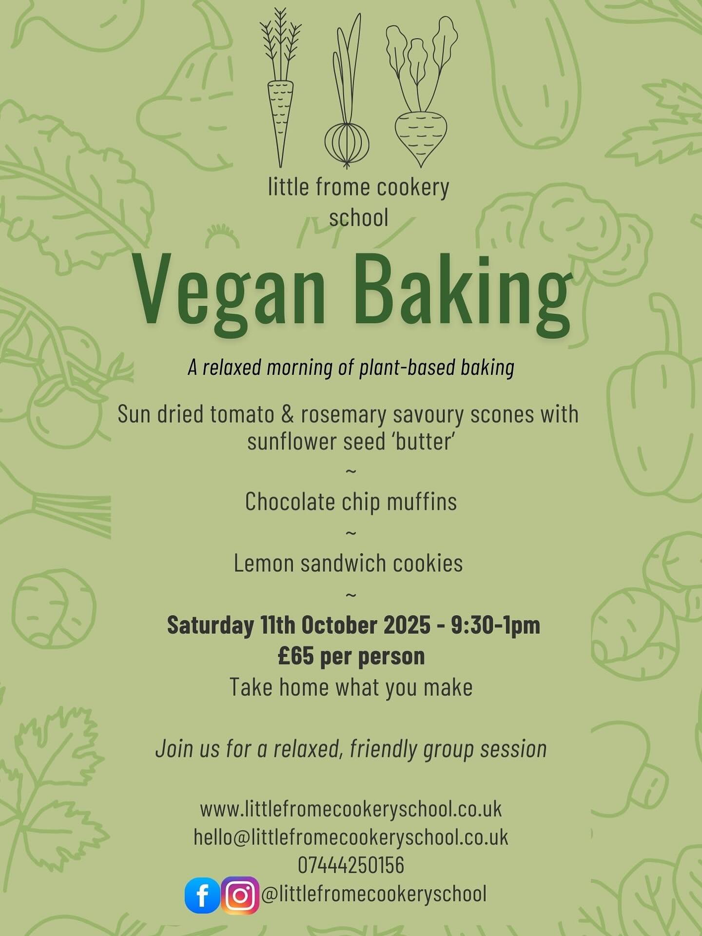 VEGAN BAKING IS FULLY BOOKED!
✨Vegan Baking Class✨
Join us for a morning of baking some yummy vegan treats 💚
On the menu:
🍅Sun dried tomato & rosemary savoury scones with sunflower seed ‘nut butter’
🍫Chocolate chip muffins
🍋Lemon sandwich cookies
📅 Saturday 11th October 2025
⏰ 9:30am – 1pm
📍 Frome
💰£65 per person
🌱 All plant-based
We’d love to have you with us – spaces are limited, so pop me a message or book through the website!
📩 hello@littlefromecookeryschool.co.uk
⌨️Www.littlefromecookeryschool.co.uk