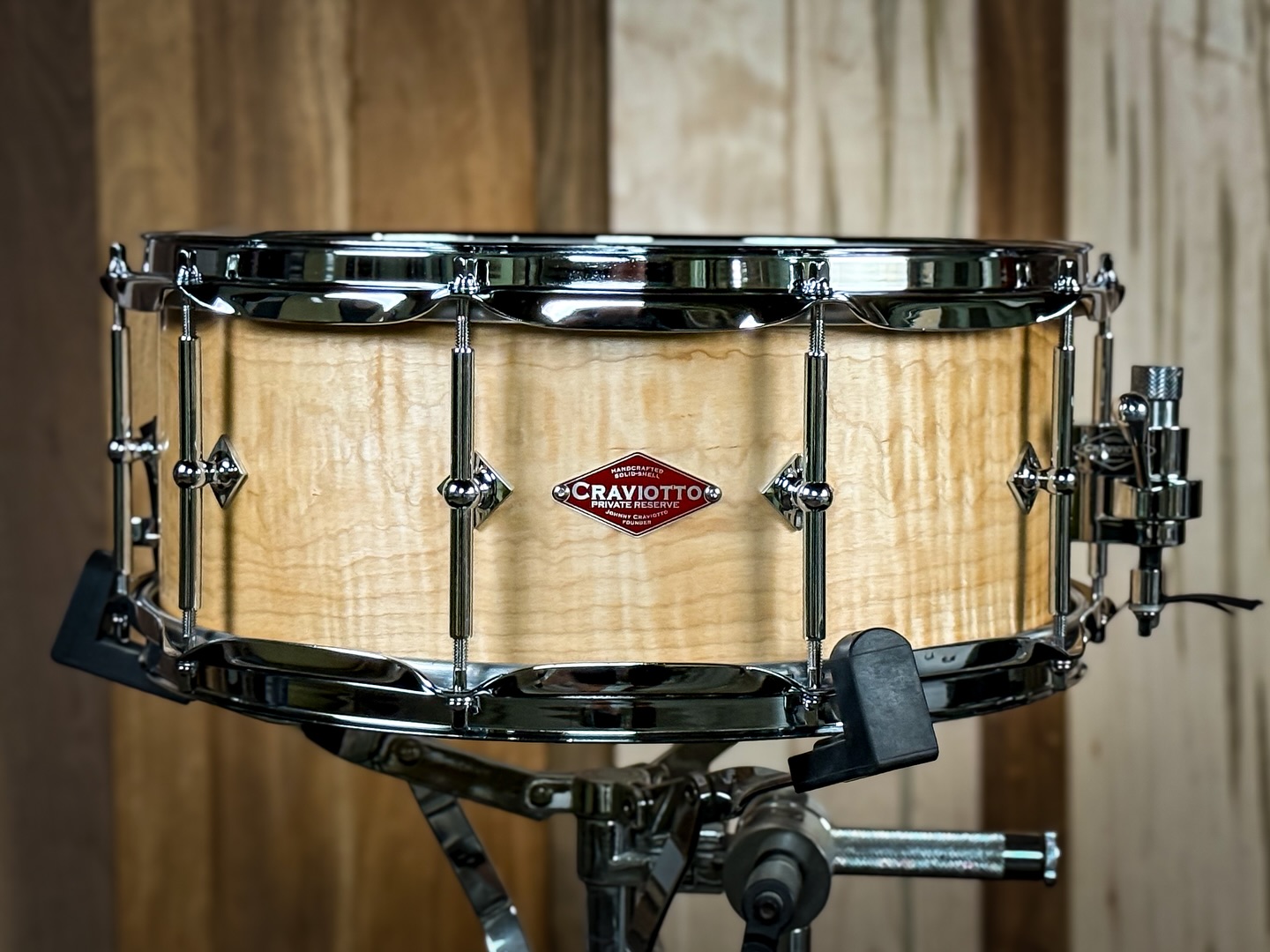 Private Reserve 6x14 Curly Maple, with 45 degree bearing edges, solitaire lugs, and finished in satin oil.