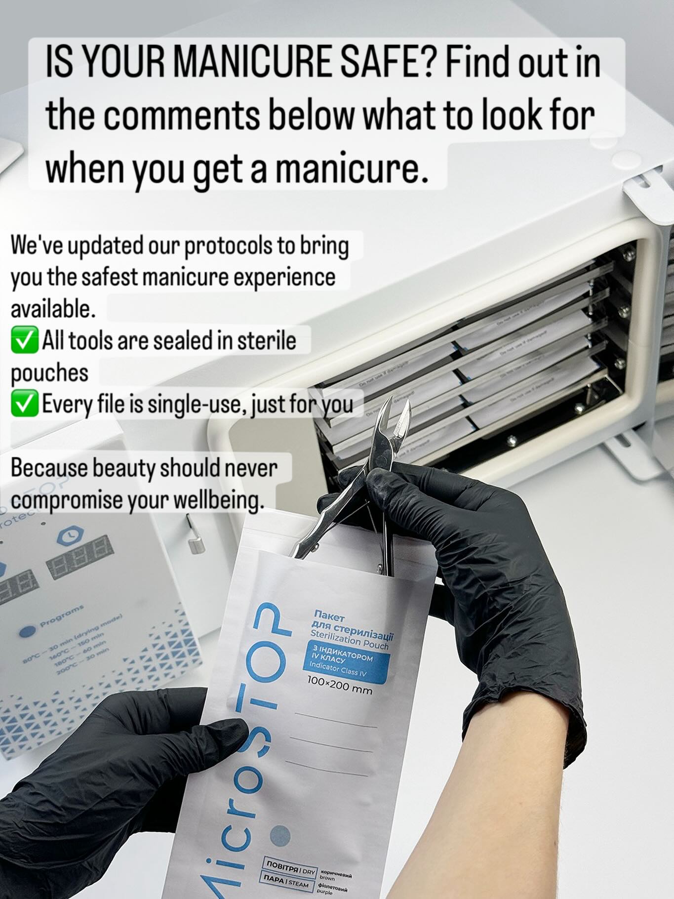 Your health is our #1 priority — and that’s why we go beyond basic salon hygiene. 💅
🔹 Sterilising in solution only
🧪 Disinfects but doesn’t truly sterilise
⏱ Effectiveness depends on contact time
⚠️ Tools can be re-contaminated once removed
🔹 Sterilising in pouches (autoclave)
🔥 True sterilisation — kills bacteria, viruses, fungi & spores
📦 Tools remain sealed until opened in front of you
🛡 Ensures no re-contamination — the safest standard
And when it comes to nail files…
🦠 They can’t be properly sterilised (they’re porous!)
💅 That’s why we use a fresh, single-use file every time
✨ It’s safer, more hygienic, and builds trust
🗑 The professional standard trusted in top salons
At English Rose, your manicure is not just beautiful — it’s the safest on the market.
