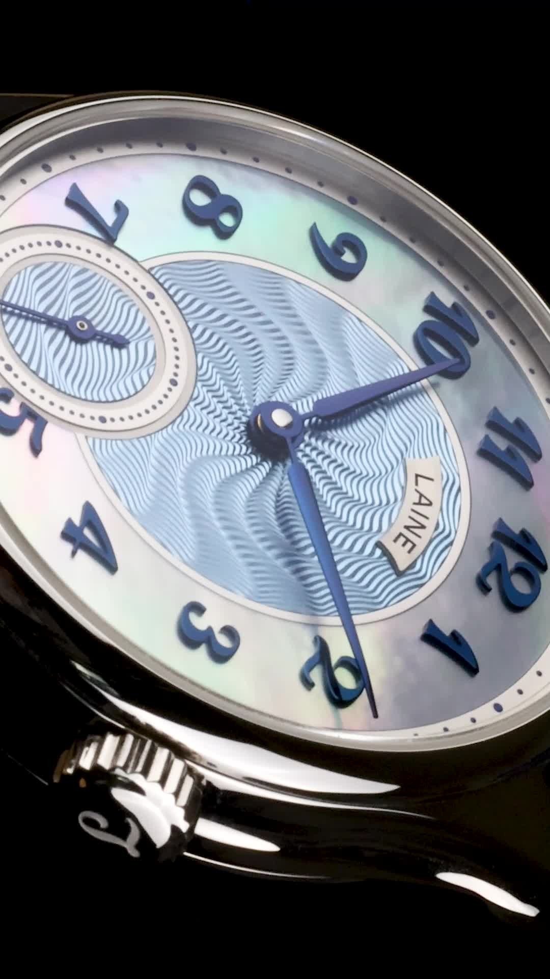 Moiré waves in the middle, mother-of-pearl around, ocean vibes, wrist-sized. Warning: may cause daydreams of beach vacation😌🌴
Laine GG, blued breguet style numerals, heat blued steel hands, sky blue hand turned guilloche pattern in the center.
#custommade #bespoke #guilloche #torstilaine #watchfam #lainewatches #watch #microrotor #swisswatches