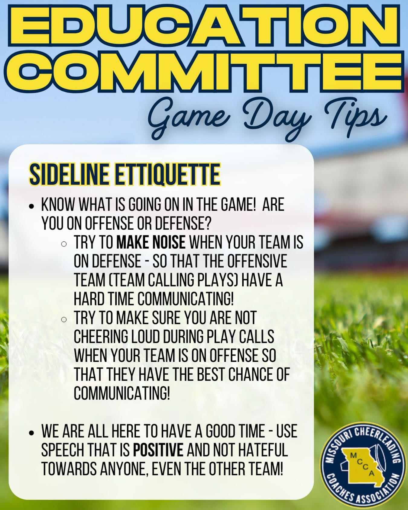 Game Day is so fun! Keep it light hearted by staying positive while rooting on your team.
Tag us so we can repost your FUN game moments!
#mcca #mocheer #missouricheer #missouricheercoaches #gameday #sidelinecheer #traditions