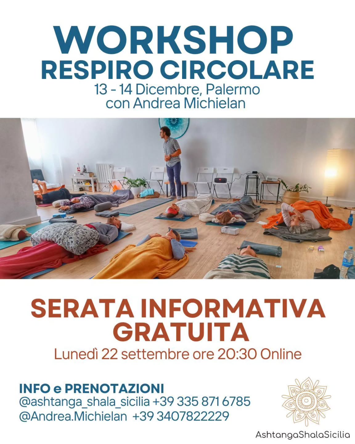 ✨ Respira. Rilascia. Trasforma. ✨
Il 22 settembre alle 20:30, ti invitiamo a una serata online gratuita dedicata al Respiro Circolare con Andrea Michielan @andrea.michielan
Un’occasione unica per:
🌬️ Scoprire i principi di questa potente tecnica
🌀 Comprendere come si svolge una sessione
🌟 Prepararti al workshop intensivo di due giorni che si terrà a metà dicembre
Lasciati guidare in un viaggio di consapevolezza e ascolto interiore, dove il respiro diventa strumento di liberazione ed energia.
👉 Come partecipare: vai nella sezione Workshop & Eventi del nostro sito (link sotto al post), compila l’RSVP e riceverai il link di connessione via mail.
Non perdere questa opportunità gratuita: il tuo respiro è la chiave 🔑
🌐www.ashtangashalasicilia.com