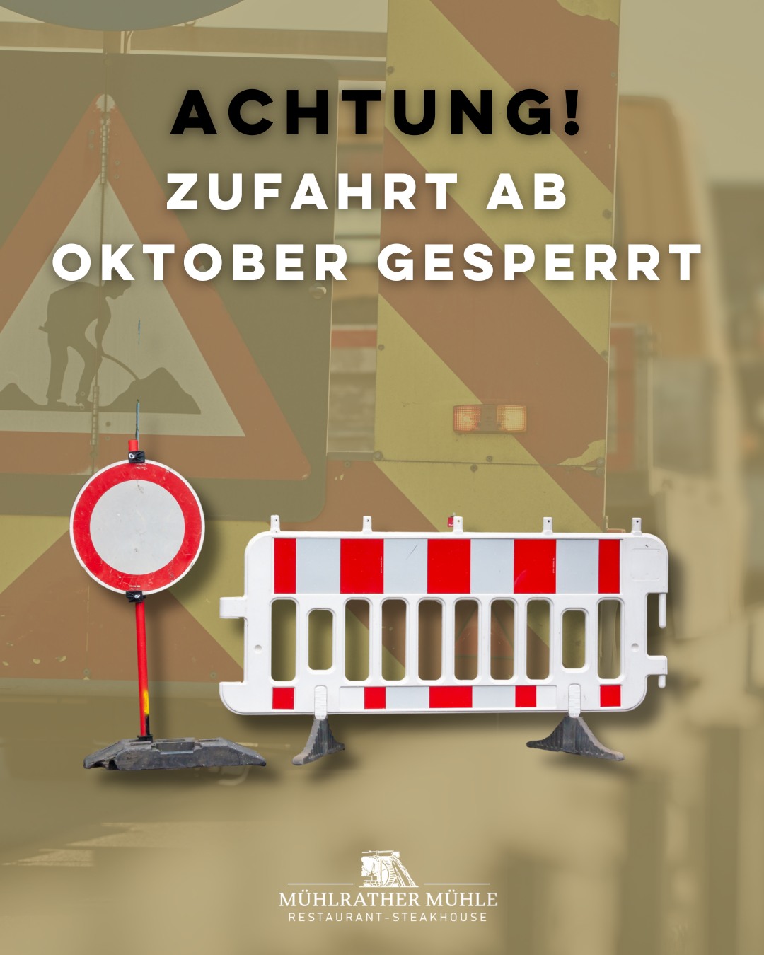 🚧 Verkehrshinweis zur Anfahrt 🚧
ㅤ
Ab Oktober wird die L372/Hauptstraße im Bereich Gützenrather Bruch voll gesperrt – geplant ca. 11–12 Wochen (bis kurz vor Weihnachten).
Gute Nachricht: Die Mühlrather Mühle bleibt geöffnet und ist weiterhin erreichbar! 🙌
ㅤ
So kommt ihr zu uns:
• Den ausgeschilderten Umleitungen folgen
• Etwas Extra-Fahrzeit einplanen
• Bei Fragen oder Reservierungen: 02163 5716276
ㅤ
Speichert den Beitrag, teilt ihn mit eurer Begleitung und besucht uns trotz Baustelle – wir freuen uns auf euch! 💚
ㅤ
#MühlratherMühle #Schwalmtal #Niederkrüchten #L372 #Umleitung #Verkehrshinweis #Anfahrt #RestaurantHinweis