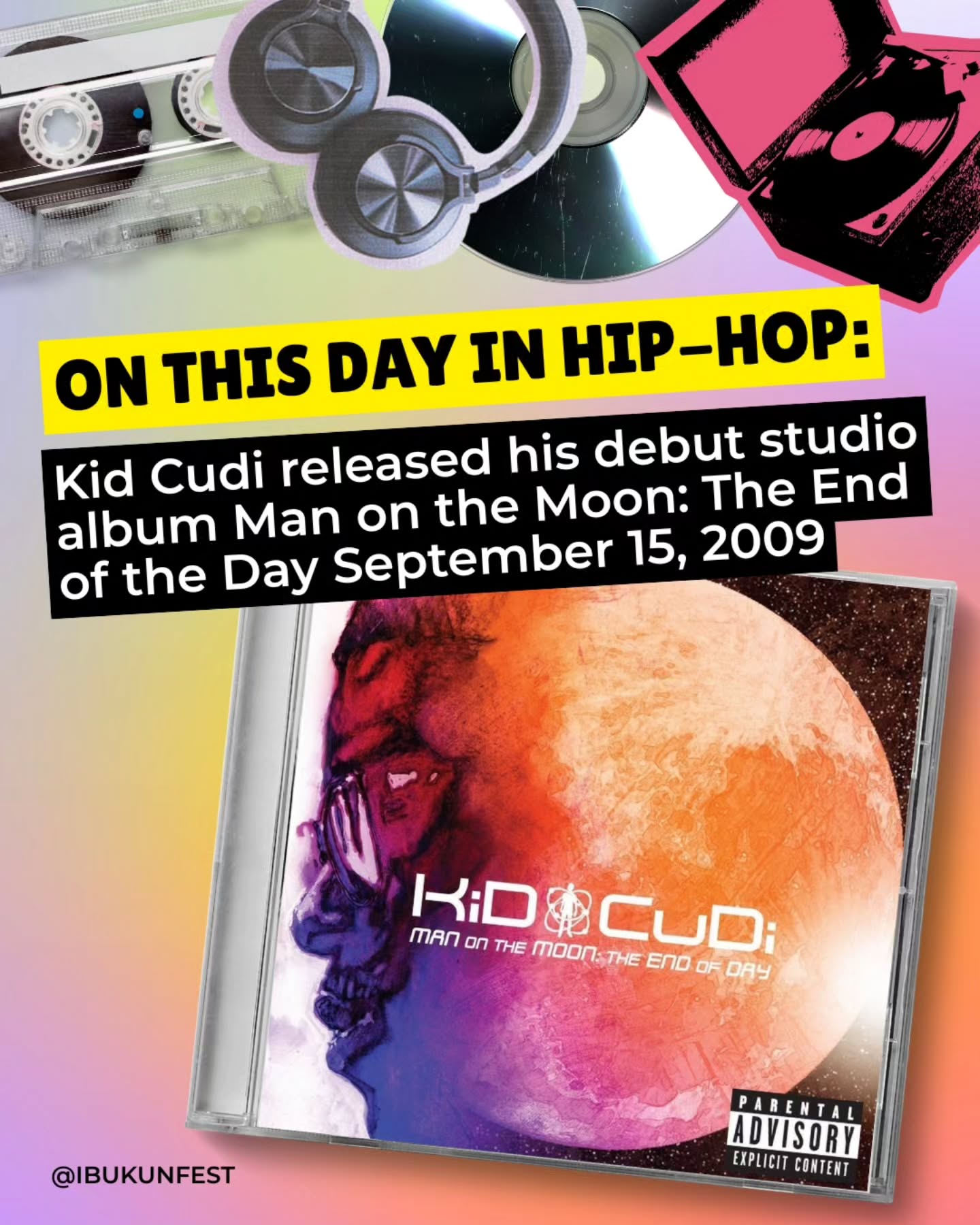 NEW SERIES ALERT! Welcome to Day One of "On This Day in Hip-Hop," a series to celebrate the births, milestones, evolution, and progress of artists and music within hip-hop.
First up, today in 2009, @kidcudi released his debut studio album "Man on the Moon: The End of the Day." Do you remember his song "Day N' Nite" being everywhere? 🙌🏾