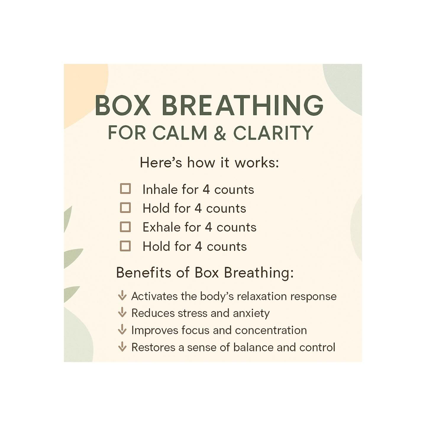 ✨ Box Breathing for Calm & Clarity ✨
In this weeks classes we have been practicing one of my favourite tools to share with clients; box breathing — a simple yet powerful way to calm the mind and body.
Here’s how it works:
🔲 Inhale for 4 counts
🔲 Hold for 4 counts
🔲 Exhale for 4 counts
🔲 Hold for 4 counts
(Repeat for a few rounds)
Benefits of Box Breathing:
🌿 Activates the body’s relaxation response
🌿 Reduces stress and anxiety
🌿 Improves focus and concentration
🌿 Restores a sense of balance and control
It’s a practice rooted in mindfulness and integrity — simple, effective, and evidence-based. A tool you can take anywhere, anytime. 💫
And a little thank you to my lovely client Ruth who prompted me to include it in my class plan 🙏
#yoga #pilates #yogastudio #meditation #westwickham #kent #bromley #beckenham #hayes #keston #shirley #breath #breathing #stretch #move #feelgood #karmastudios #yogawestwickham #onlineyogaclasses #yogapractice #yogainspiration #localyoga #supportlocal #yogaforlife #zoomclasses