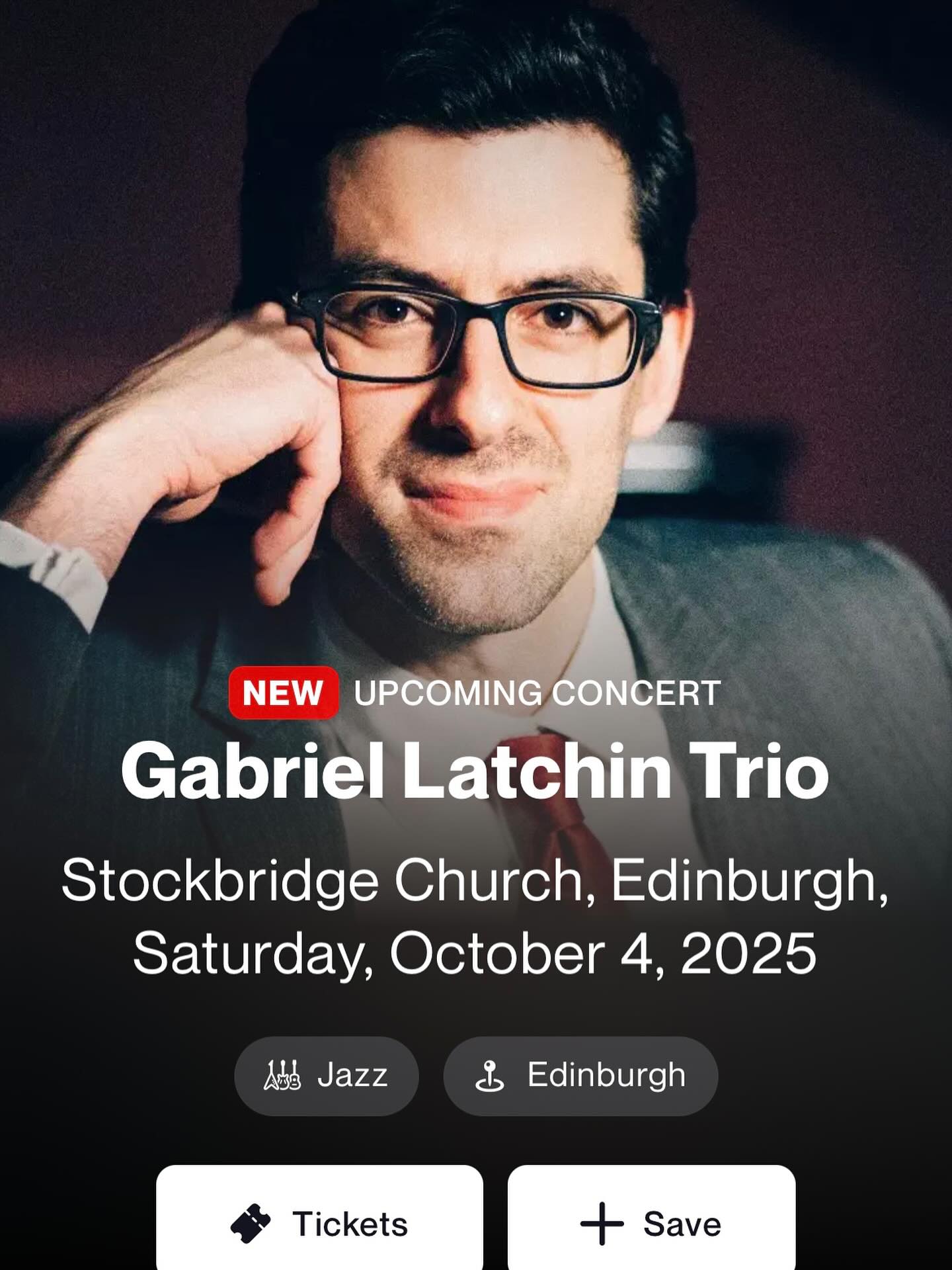 Delighted to be performing at the Stockbridge Church in Edinburgh on Saturday, Oct 4th!
I’ll be joined by the incredible @joshmorrisondrums and @calumgourlay to play music from my latest record “The Man I Love”.
Tickets available through link in bio or here: https://www.eventbrite.co.uk/e/gabriel-latchin-trio-play-gerswin-tickets-1694617970969?aff=aff0bandsintown&appId=fmz_srrq&comeFrom=283&artist_event_id=107363222