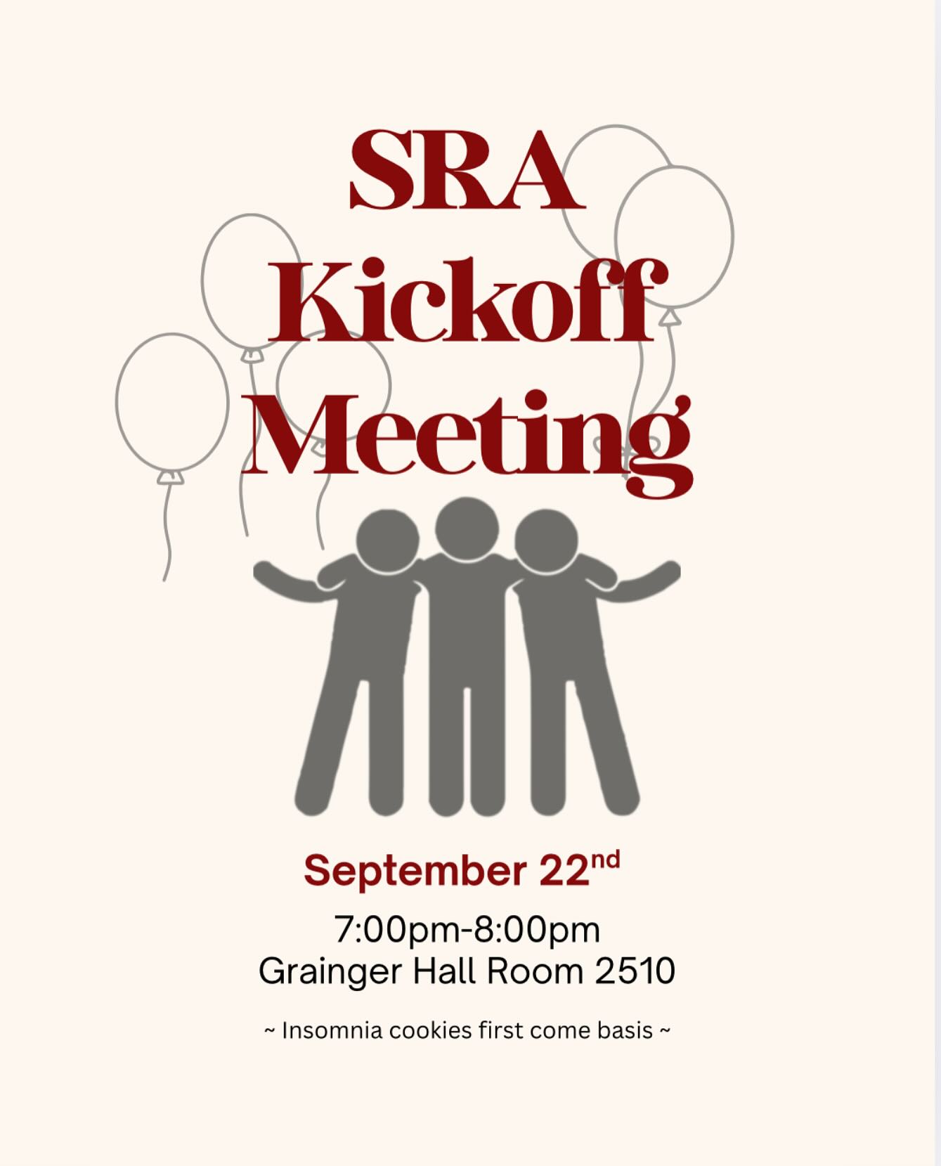 HEY SRA! Join us next Monday for our kickoff meeting! We’ll introduce our executive and management teams, give information on dues, introduce our upcoming events, and more! Come socialize with other retail oriented students over some Insomnia cookies as well🍪😄!! Hope to see you all there!