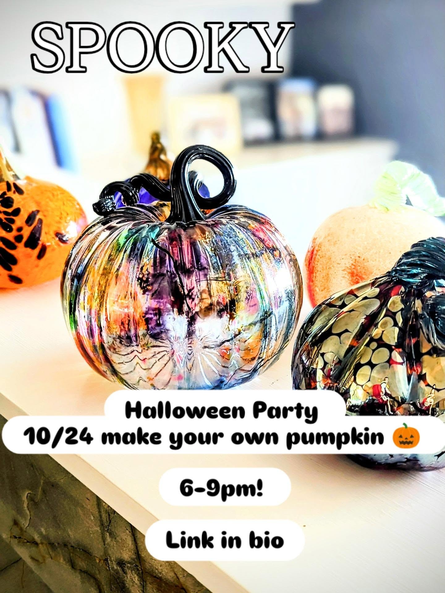 Come join us for this year's pumpkin party! Spooky snacks and BYOB while we hang, get spooky, and make your own lown glass pumpkin!
.
LINK IN BIO! Discounts for couples and more! send us an email with proof when you use our discounts codes at check out! STUDENT25 TEACH25 USVET25
.
.
#glassblowing #party #halloween #pumpkin #spooky #ghost