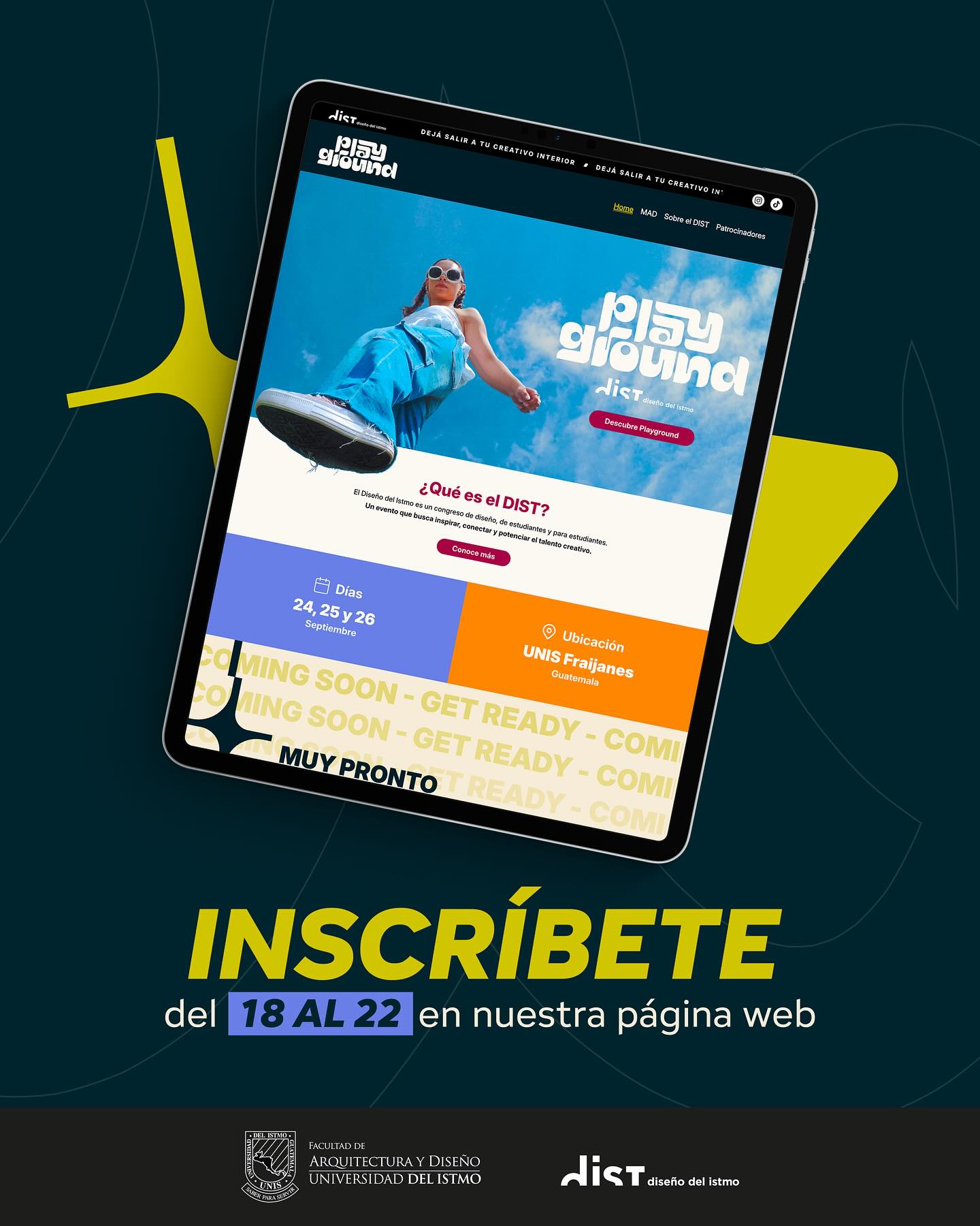 ¡Llegó el momento de ser parte del #DISTPlayground!
Del 18 al 22 de septiembre podrás inscribirte en nuestra página web 👉 www.dist-unis.com
Las inscripciones abren el 18 de septiembre a las 6:00 pm ⏰
🎨 Talleres creativos
🎤 Conferencias con speakers nacionales & internacionales
💡 Un espacio para aprender, conectar e inspirarte
🚀 Prepárate porque las plazas son limitadas… ¡Nos vemos en Playground! (Link en bio)