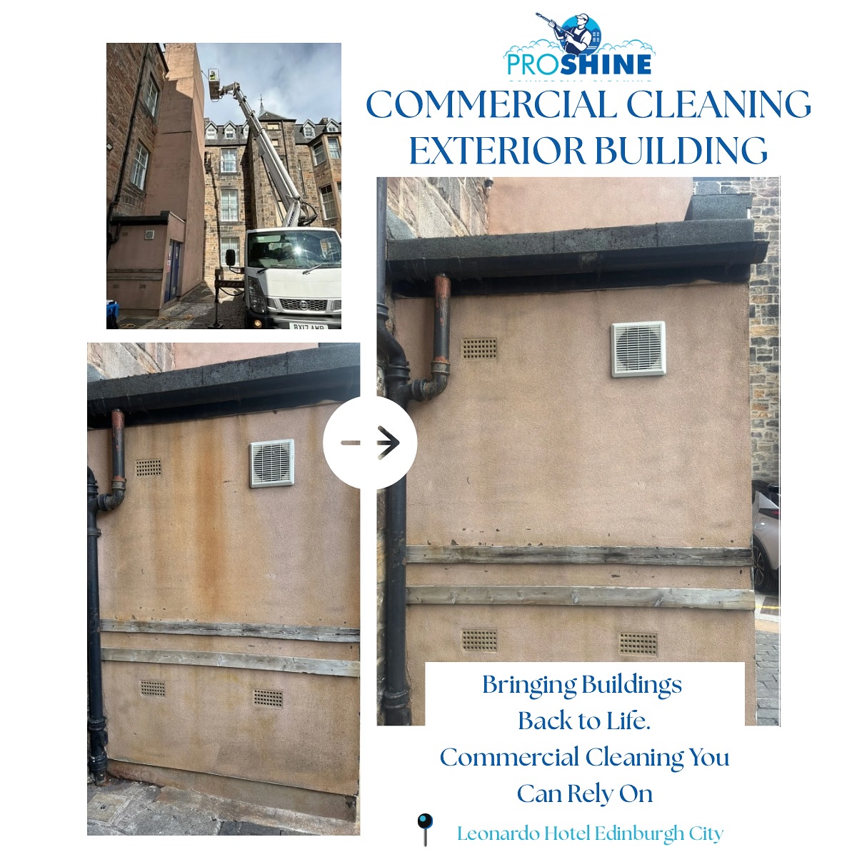 Another big project complete! ✨
We’ve recently been working on the Leonardo Hotel in Edinburgh City, tackling years of Scottish weather and wear. Using a cherry picker to reach the highest points, our team carefully restored the building’s exterior back to its shining best. 🏨🌟
📌 If your business premises could use the same transformation, get in touch today for a free quote on your exterior building clean.
#ProShine #CommercialCleaning #EdinburghBusiness #ExteriorCleaning #BuildingRestoration