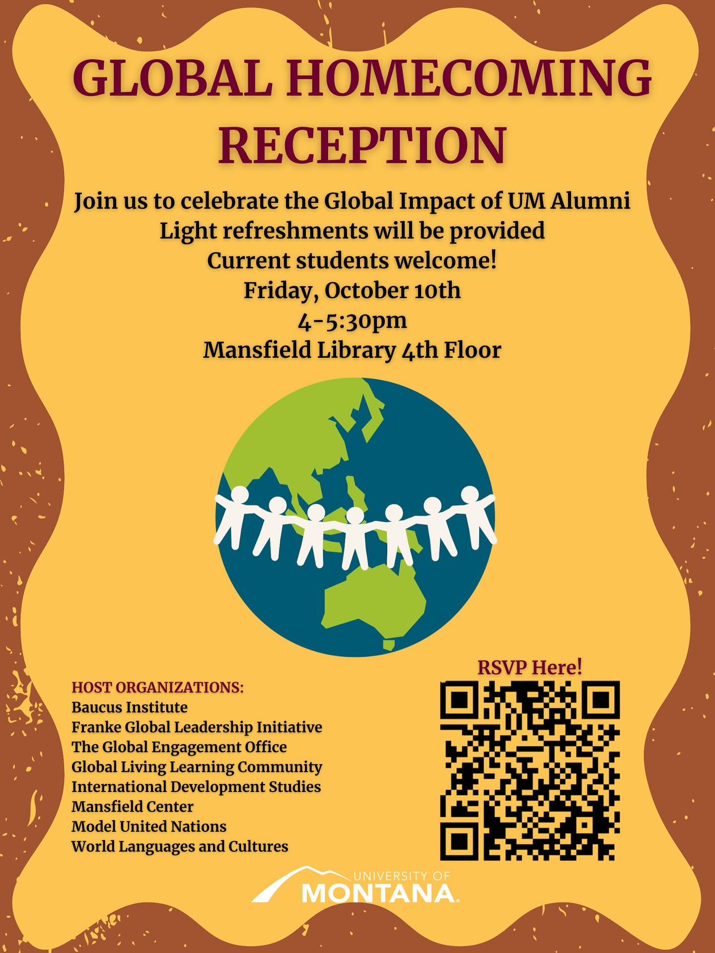 @umontana students: You’re invited to the Global Homecoming Reception on Friday, October 10, 4-5:30 pm at the Mansfield Library, 4th floor! Link in bio to RSVP.
Join us to celebrate the global impact of UM alumni, learn about international opportunities, and make new friends. Light refreshments provided.
Hosted by:
Us, the Max Baucus Institute 🤠
Franke Global Leadership Initiative
Global Living Learning Community
International Development Studies
Mansfield Center
Model United Nations
World Languages and Cultures