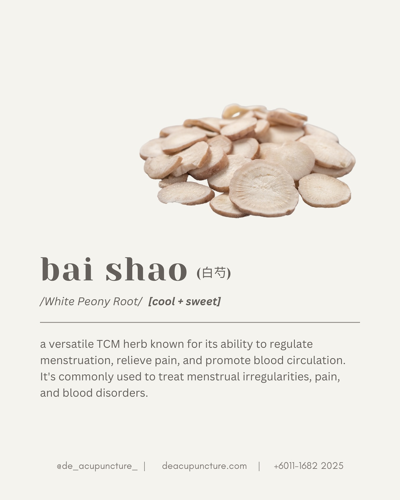 Bai Shao: A Gentle Healer
Bai Shao (白芍), or White Peony Root, is a prized herb in TCM. Known for its calming and harmonizing properties, it’s often used to address various health concerns.
Why is Bai Shao so special✨?
🌿Pain Relief:
It can help alleviate pain, especially menstrual cramps and headaches🤕.
🌿Calming the Mind:
Bai Shao can soothe the nerves and reduce anxiety😌.
🌿Regulating Blood Flow:
It can help regulate menstrual cycles and improve blood circulation🩸.
🌿Skin Health:
It can help improve skin health by reducing inflammation and promoting healing.
How to Incorporate Bai Shao:
✅ Herbal Teas:
Brew Bai Shao with other herbs to create soothing and calming teas.
✅ Supplements:
Consider taking Bai Shao supplements in capsule or powder form.
✅ Consult a TCM Practitioner:
A practitioner can recommend specific formulations and dosages tailored to your needs.
📣 Remember: While Bai Shao is a versatile herb, it’s essential to consult with a healthcare professional before using it, especially if you have underlying health conditions or are taking medications.
Let the gentle power of Bai Shao bring harmony to your body and mind.
_
#traditionalchinesemedicine #中医 #tcm #wellness #health #mindfulness #selfcare #malaysia #KL #PJ #de_acupuncture_ #医心医意中医坊
#DeAcupuncturexHerbsCentre
//
👩🏻⚕️医心医意中医坊
De Acupuncture x Herbs Centre
🇲🇾Certified TCM Practitioners
📣Appointment only, no walk-ins
📍Subang Jaya USJ 1 诊所
🈺Tue-Sat 9am-6pm
☎️WhatsApp 011-1682-2025
🌐deacupuncture.com