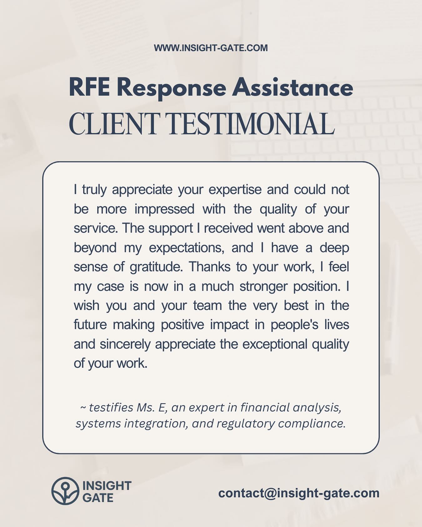 This case was unique because the original petition was filed through an attorney, meaning the RFE response also needed to be submitted through them.
The petitioner sought our support to strengthen her draft response. After working with us, she shared our prepared materials with her attorney, who integrated them into the final submission to USCIS.
This experience highlights how Insight Gate’s expertise can complement legal representation — helping petitioners and attorneys alike by providing well-researched, structured, and evidence-based materials that strengthen the case.
📩 Whether you’re preparing independently or in partnership with counsel, our goal is the same: to ensure your petition is as strong as possible. Contact us at contact@insight-gate.com.
#EB2NIW #USImmigration #ImmigrationJourney #RFEResponse #NationalInterestWaiver #ImmigrationSupport #ProfessionalGrowth #CareerAbroad