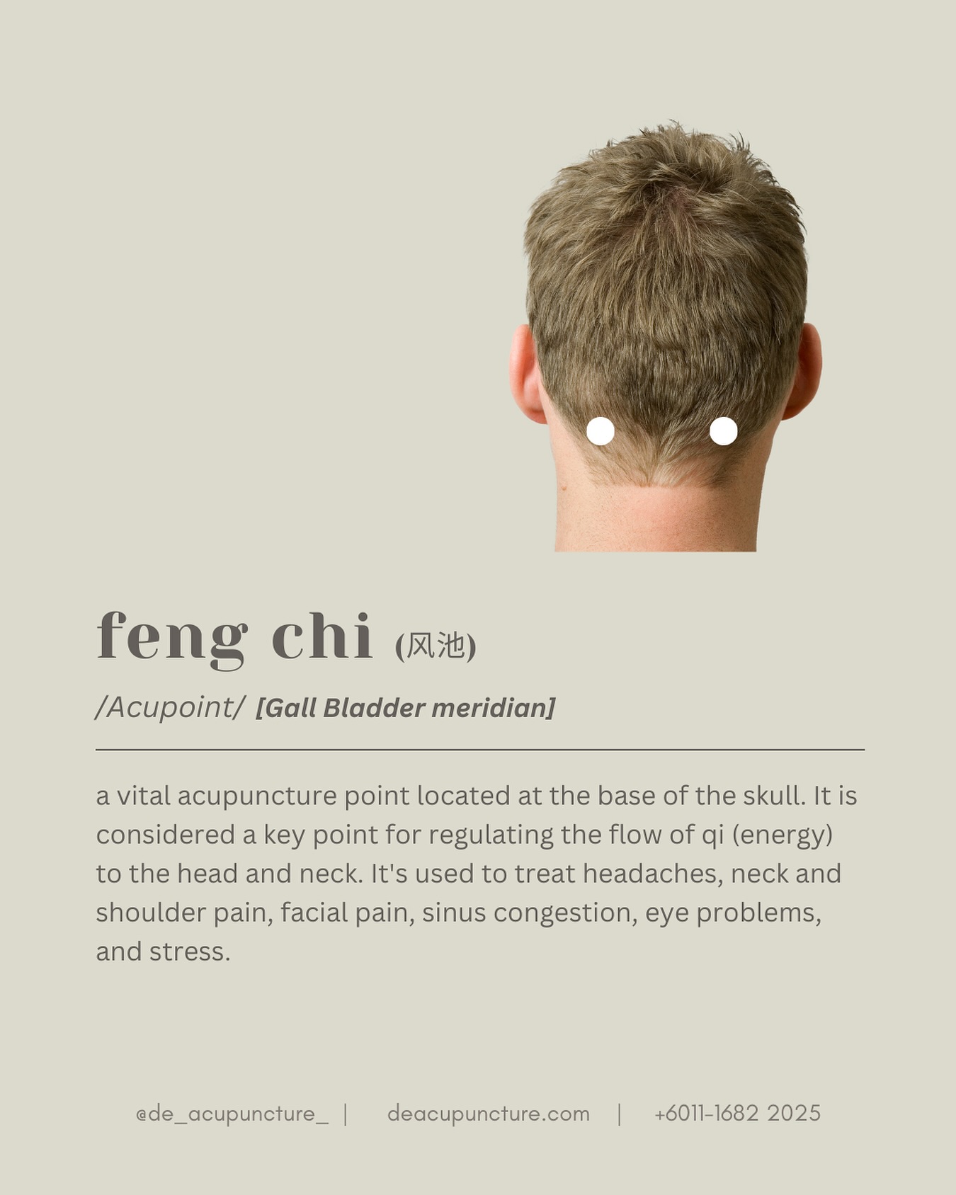 Feng Chi: Your Neck’s Best Friend 👥
Feng Chi (GB20), a vital acupuncture point located at the base of your skull, is a powerful tool for relieving tension and pain 😌.
Why is Feng Chi so special?
🌟Headache Relief:
It can help alleviate headaches and migraines.
🌟Neck and Shoulder Pain:
It can soothe tension and pain in the neck and shoulders.
🌟Eye Strain Relief:
It can help reduce eye strain and fatigue.
🌟Stress Reduction:
It can calm the mind and reduce stress.
How to Stimulate Feng Chi:
1️⃣ Locate the Point:
Find the two small indentations at the base of your skull, just below the hairline.
2️⃣ Apply Pressure:
Use your fingertips to apply firm, steady pressure to the points.
3️⃣ Massage:
Gently massage the points in a circular motion.
📣 Remember: While self-acupressure can be beneficial, it’s always best to consult with a qualified healthcare professional for proper diagnosis and treatment.
So, the next time you’re feeling stressed or have a headache, give Feng Chi a try!
_
#traditionalchinesemedicine #中医 #tcm #wellness #health #mindfulness #selfcare #malaysia #KL #PJ #de_acupuncture_ #医心医意中医坊
#DeAcupuncturexHerbsCentre
//
👩🏻⚕️医心医意中医坊
De Acupuncture x Herbs Centre
🇲🇾Certified TCM Practitioners
📣Appointment only, no walk-ins
📍Subang Jaya USJ 1 诊所
🈺Tue-Sat 9am-6pm
☎️WhatsApp 011-1682-2025
🌐deacupuncture.com