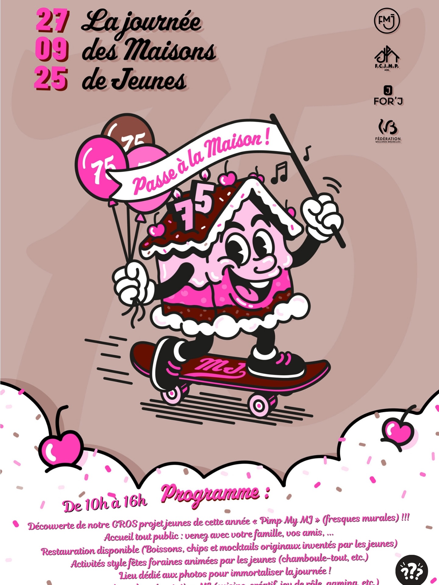 Le 27 septembre, c’est La Journée des Maisons de Jeunes ! 🥳
La MJ Lib’inspire vous ouvre ses portes pour une journée festive, créative et pleine de découvertes. 🎨🎶🕹️
Par exemple, venez découvrir le nouveau local d’accueil rafraîchit par des fresques réalisées par les jeunes ! 👨🏻🎨👩🏻🎨
Programme complet sur l’affiche ci-dessus 👆
📍 Rendez-vous donc dans les locaux de la MJ Lib’inspire (Quartier Latin 7, 6890 Libin).
🕙 Le samedi 27 septembre, de 10h à 16h, pour La Journée des Maisons de Jeunes !