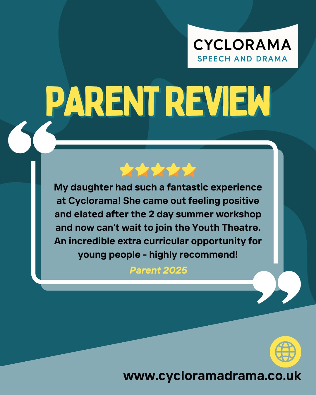 🌟 Term starts this week! 🌟
Cyclorama Youth Theatre is launching in two South London locations – small, supportive classes developing skills in both stage and screen acting, with the chance to work towards screen acting exams and group performances.
Come and see what we’re about with a 2-week trial for just £10. Lots of individual attention to help every young actor feel challenged, supported, and inspired.
📍 Elmhurst School, Croydon
Wednesdays, 6–7.30pm | Open to Year 5+ | First session: Wed 17th Sept
📍 Charter School East Dulwich
Thursdays, 7–8.30pm | Open to Year 7+ | First session: Thurs 18th Sept
✨ We’d love to welcome you this week!
Book on our website
www.cycloramadrama.co.uk