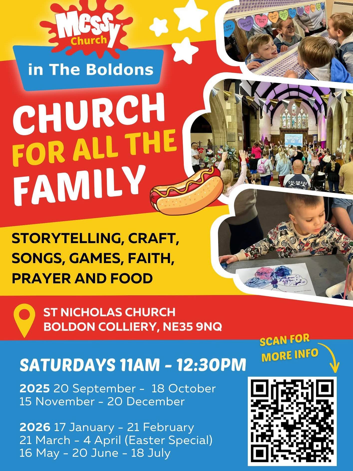 WE. ARE. BACK! Summer holidays are finished and it’s time for a new year of Messy Church in the Boldons. We are so excited for what we have planned to share together - for the next few months we are having themed sessions looking at different Christian values.
Join us on Saturday at St Nicholas Hedworth for a wonderful time together learning about our faith, having fun, doing craft activities, singing songs. And of course there will be hot dogs! 🌭
Whether you’re a messy church regular, or you’ve never been before, come along and join in the fun.
🕰️ Saturday 20 September 11am
💒 St Nicholas Church Boldon Colliery
See you there! ✨ 🙏