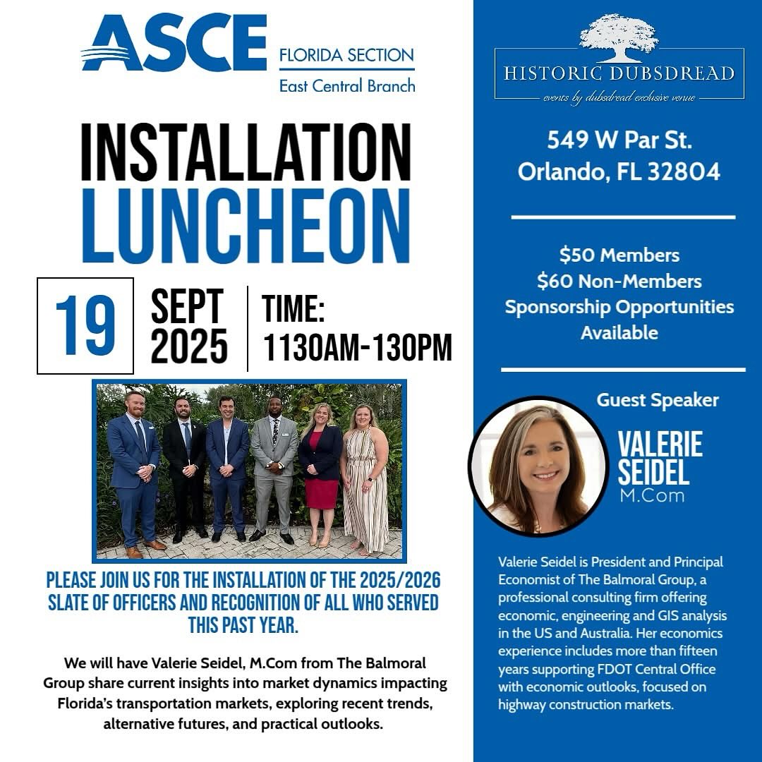 Please join us this Friday for the Installation of the 2025/2026 slate of officers and recognition of all who served this past year. We will have Valerie Seidel from The Balmoral Group share current insights into market dynamics impacting Florida’s transportation markets, exploring recent trends, alternative futures, and practical outlooks! The East Central Branch will also be awarding their annual scholarships to local students from UCF and Embry-Riddle!
🔗 in bio