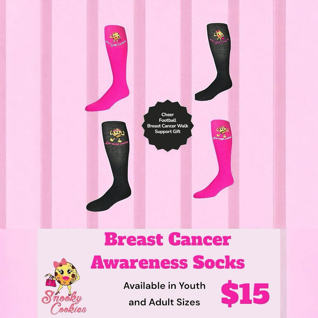 Breast Cancer Awareness Month is quickly approaching. This year, I am asking that you support Snooky Cookies as we participate in spreading awareness and standing in solidarity with those in the fight, the survivors that have won the battle, and the loved ones we’ve lost along the way. A portion of our profits will be donated to a local Breast Cancer organization. I am asking all little league and high school’s football and cheer teams to support us in this effort. Our socks also make great additions to your gear for the Breast Cancer walks or a simple support gift for a fighter or survivor. 🩷