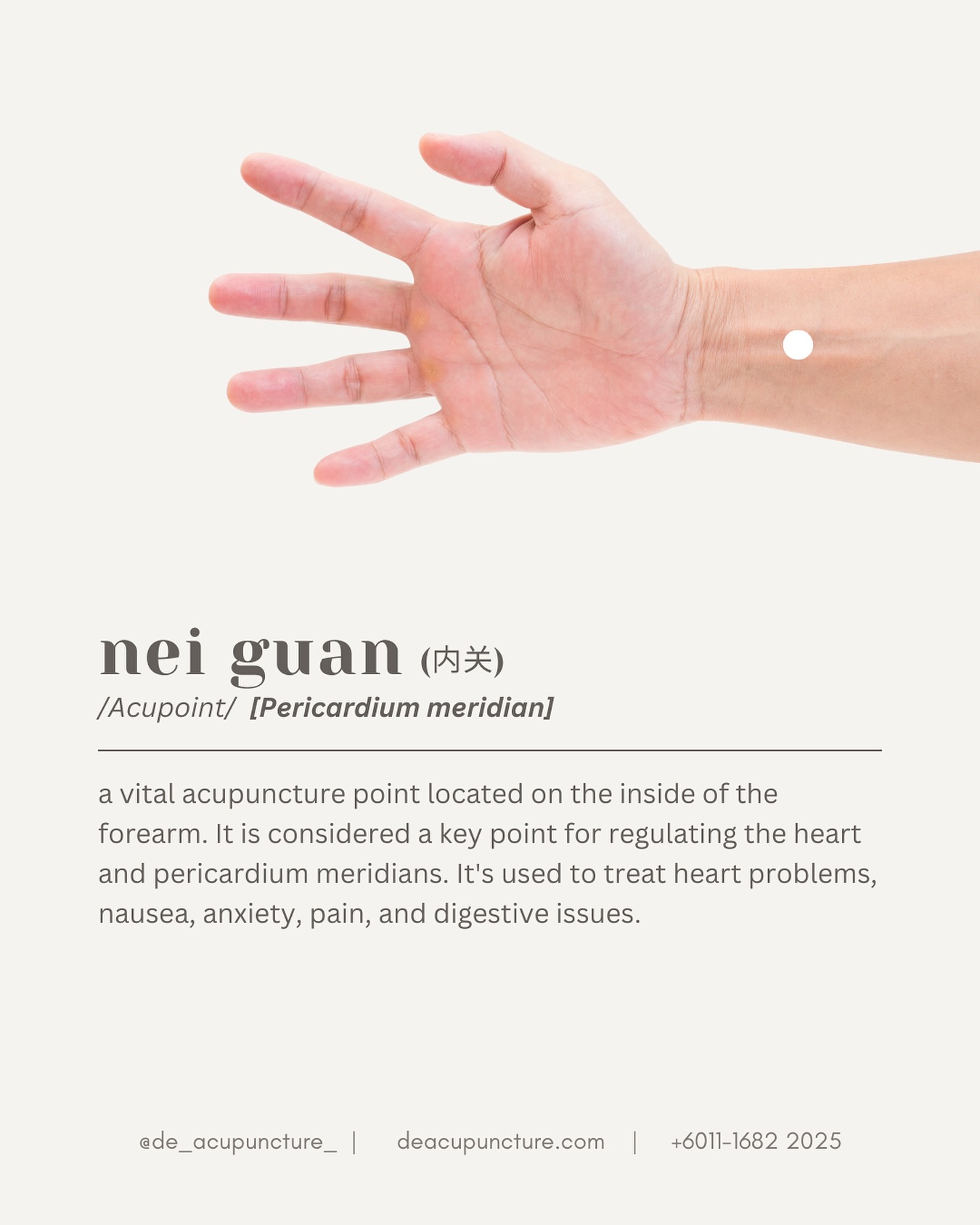 Nei Guan: Your Wrist’s Secret Weapon 🥷🏻
Feeling stressed, nauseous, or achy? Your wrist might hold the key to relief!
Nei Guan, a magical acupuncture point, is located on your inner forearm, about two finger-widths below your wrist crease.
Why is Nei Guan so awesome✨?
🪄 Pain Relief Wizard:
It can help soothe headaches, toothaches, and other aches and pains.
🪄 Nausea Ninja:
It can calm an upset stomach and reduce nausea.
🪄 Stress Buster:
It can help relax your mind and reduce anxiety.
🪄 Heart Helper:
It can support heart health and regulate blood pressure.
How to Activate Your Nei Guan Power:
1️⃣ Find the Spot:
Locate the point on your inner forearm.
2️⃣ Apply Pressure:
Use your thumb or finger to press firmly on the point.
3️⃣ Massage Magic:
Gently massage the point in a circular motion.
Remember: While self-acupressure can be beneficial, it’s always a good idea to consult with a healthcare professional for proper diagnosis and treatment.
So, next time you need a quick fix, give Nei Guan a try. Your body will thank you 😉!
_
#traditionalchinesemedicine #中医 #tcm #wellness #health #mindfulness #selfcare #malaysia #KL #PJ #de_acupuncture_ #医心医意中医坊
#DeAcupuncturexHerbsCentre
//
👩🏻⚕️医心医意中医坊
De Acupuncture x Herbs Centre
🇲🇾Certified TCM Practitioners
📣Appointment only, no walk-ins
📍Subang Jaya USJ 1 诊所
🈺Tue-Sat 9am-6pm
☎️WhatsApp 011-1682-2025
🌐deacupuncture.com