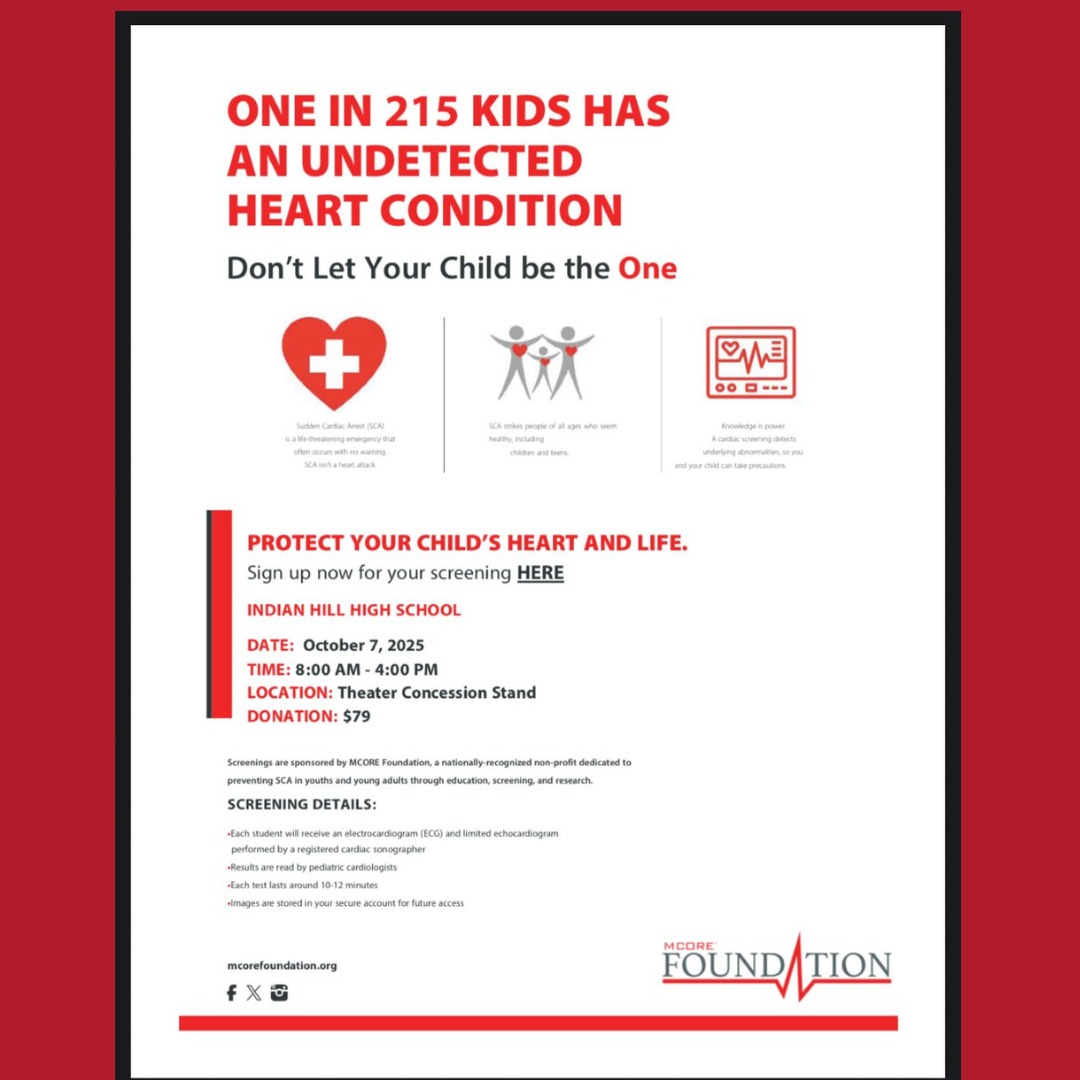 Knowledge is power!
A preventative cardiac screening detects underlying heart abnormalities, so you and your child can take precautions.
MCORE Foundation will be at our school on Tuesday, October 7, 2025 to do
non-invasive electrocardiograms and limited echocardiograms, with results read by pediatric cardiologists.
Don’t miss this opportunity to protect your child’s health.
Sign up today at the link below:
https://www.mcorefoundation.org/scheduler_schedule/event/125581/?20250828160420