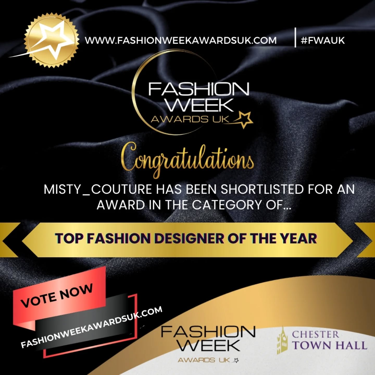 Fashion Designer of the Year @fashionweekawardsuk
4 days left to vote for us!
@cheshirefashionweek
Link in my stories✨