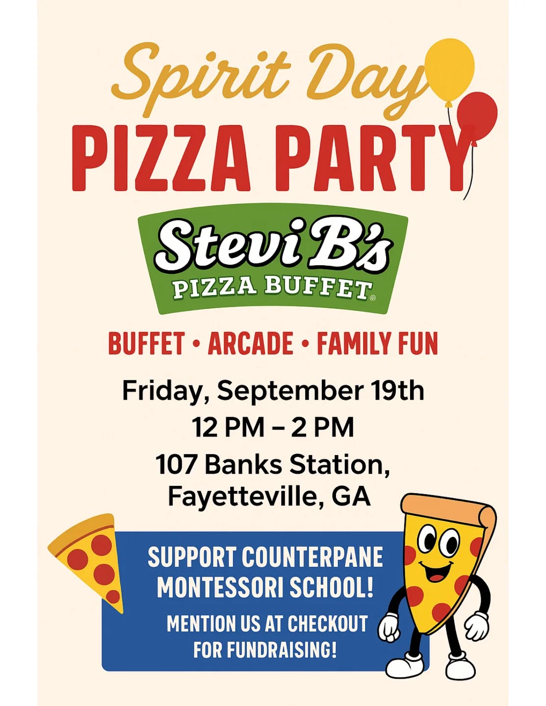 This Friday! It's the end of the quarter and we're celebrating with a pizza party Spirit Night at @officialstevibs in Fayetteville. Join us for lunch from 12pm until 2pm. We'll be eating, playing in the arcade, and enjoying the company of our community. We hope to see you there! 🍕🍕🍕