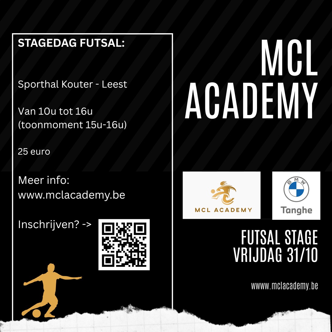 Futsal stagedag vrijdag 31 oktober. Schrijf nu in via: https://forms.gle/9uKyWCB2PJxtwKaCA