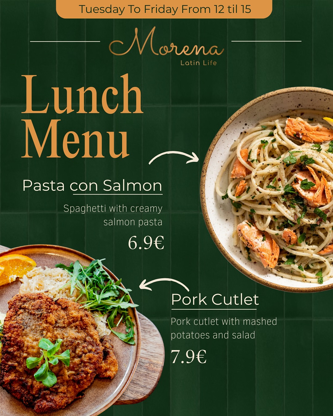 Tuesday to Friday from 12:00–15:00 you can enjoy our fresh lunch offers that bring a little Latin twist to your workday.
Pasta con Salmon – creamy spaghetti with salmon, 6.9€
Pork Cutlet – crispy cutlet with mashed potatoes & salad, 7.9€
Pulled Pork Sandwich – juicy pulled pork in homemade bread with fries, 7.9€
Chicken Salad – grilled chicken with mango-chilli dressing, 6.9€
🌴Fresh, filling, and wallet-friendly, perfect for your lunch break in Tallinn!
📍Morena Latin Life, Kopli 25