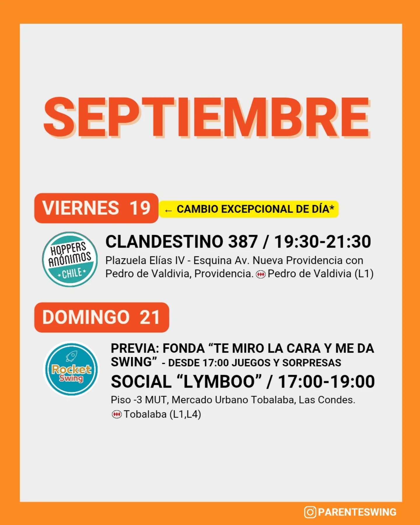 ✨Todos los eventos son gratuitos y abiertos a todo público, a menos que se indique valor de entrada 💸
‼️Cualquier modificación o nuevo evento en los comentarios👇🏻 y/o por historias 👆🏻
🤔 Qué es una Jam, Clandestino o Baile Social?
Una instancia donde fanáticos de los bailes swing (Lindy hop, Balboa, Shag, Solo jazz) se reunen a compartir, hacer comunidad y a la vez, practicar.
❌ Las actividades publicadas NO son instancias de clases para aprender a bailar, a menos que se indique “Taller” o “Clase Abierta”.
👀 Quieres aprender a bailar?
En nuestra historia destacada “CLASES” está toda la información y formularios de inscripción a los cursos del mes de las escuelas de bailes swing ✨
Nos vemos en la pista! 💃🏻🕺🏻🔥
#danzachile #lindyhopchile #swingchile #bailechile #eventoschile #danzasantiago #santiagodechile #panoramasgratis #swingdancechile #swingdancingchile #lindyhopperschile #panoramasgratis #panoramagratis #santiago