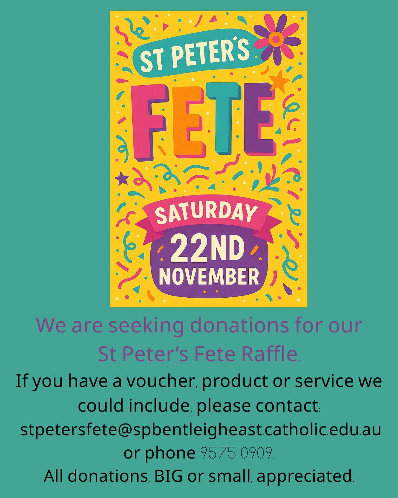 We are looking to businesses within our community who can support our Fete Raffle with a donation of a product or service.